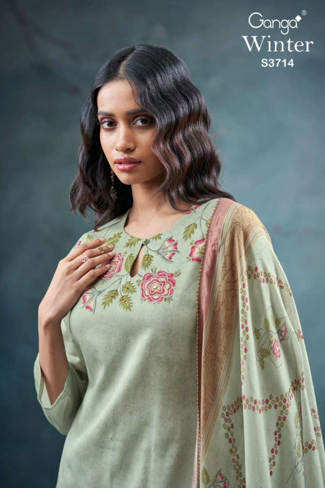 GANGA WINTER S3714 PREMIUM COTTON SATIN PRINTED SUIT WITH HAND EMBROIDERY