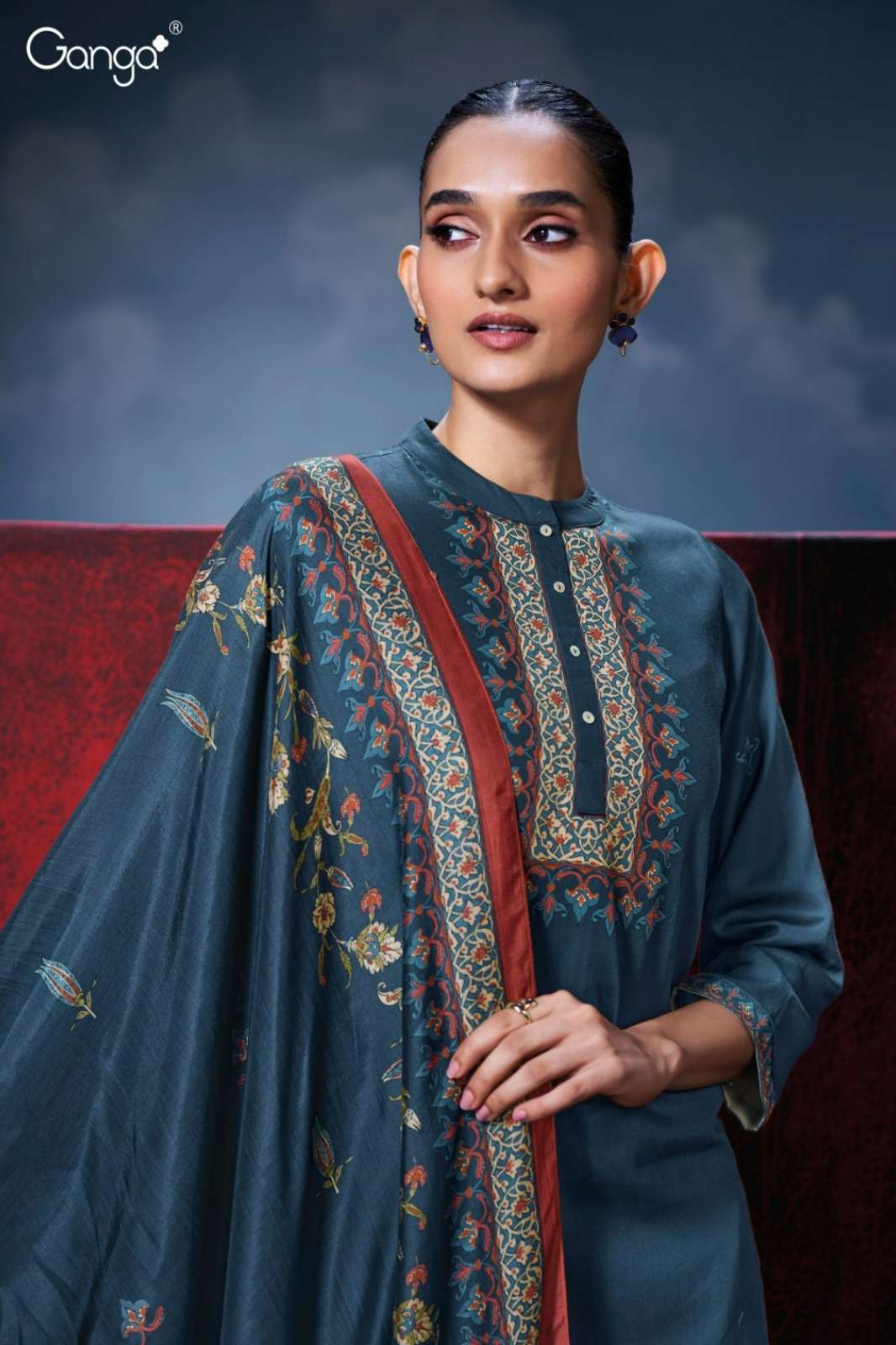 GANGA ZIRELIA S3737 PREMIUM COTTON SATIN PRINTED SUIT WITH HAND WORK