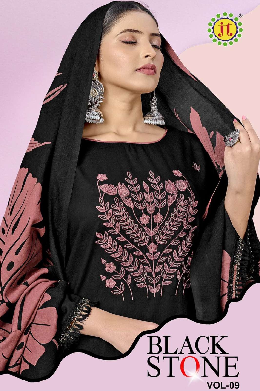 JT BLACK STONE VOL 9 RAYON EMBROIDERED DAMAN DRESS MATERIALS