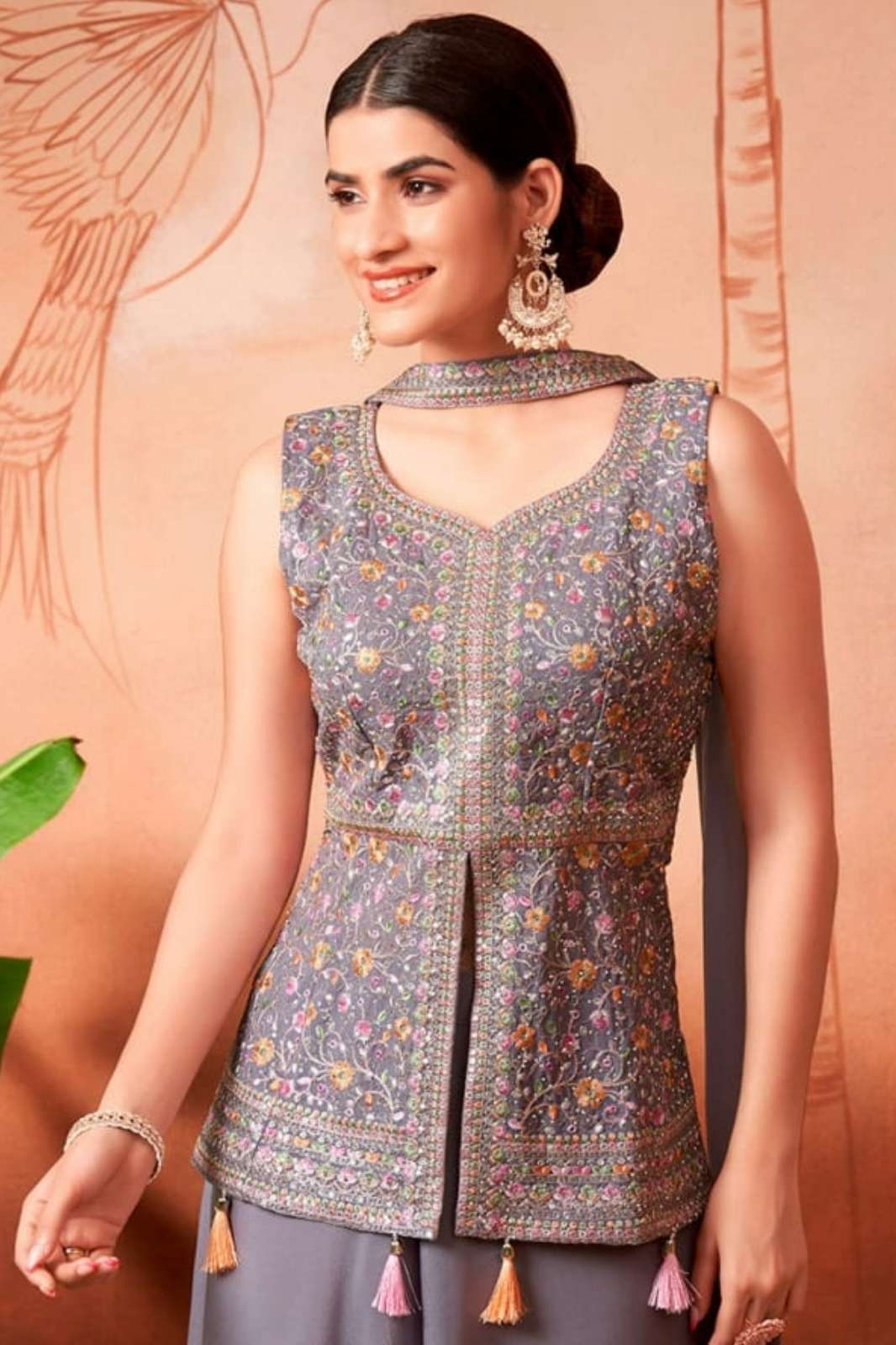 Lapink  Viscose Fancy Designer Front Cut Peplum with Palazzo & Neck Dupatta