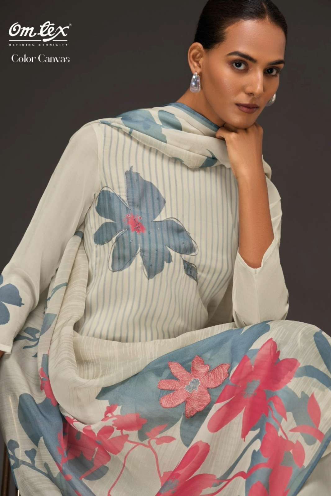 OMTEX COLOR CANVAS ORGANZA DIGITAL PRINTED SUIT WITH HAND WORK