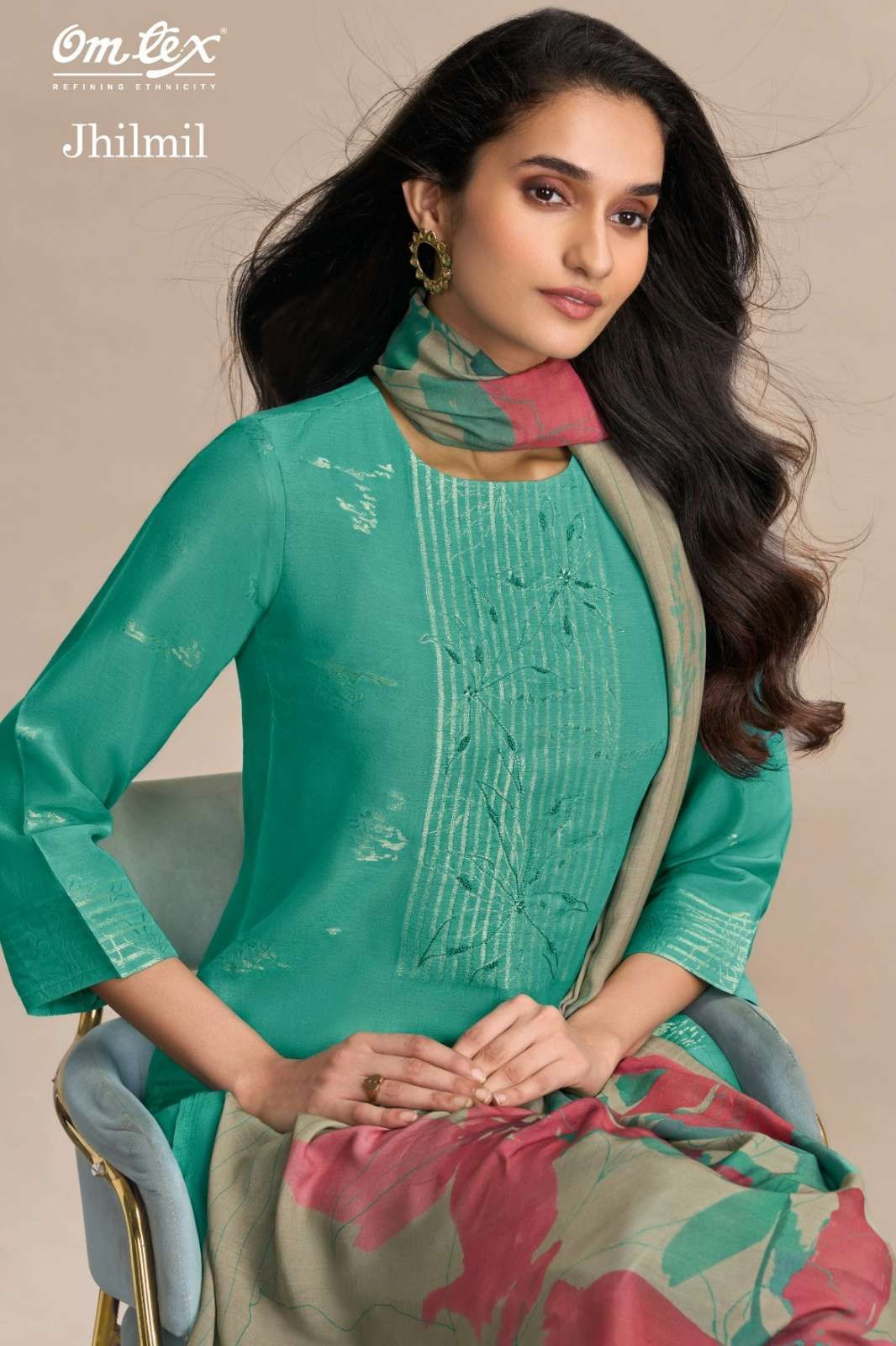 OMTEX JHILMIL LINEN JACQUARD SUIT WITH HAND WORK