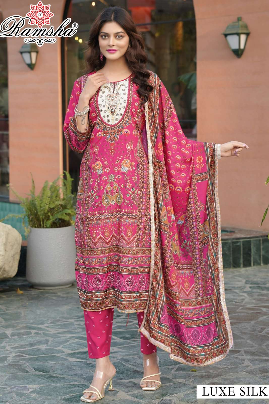 RAMSHA LUXE SILK Ready To Wear Digital Print & Mirror Work Silk Suit
