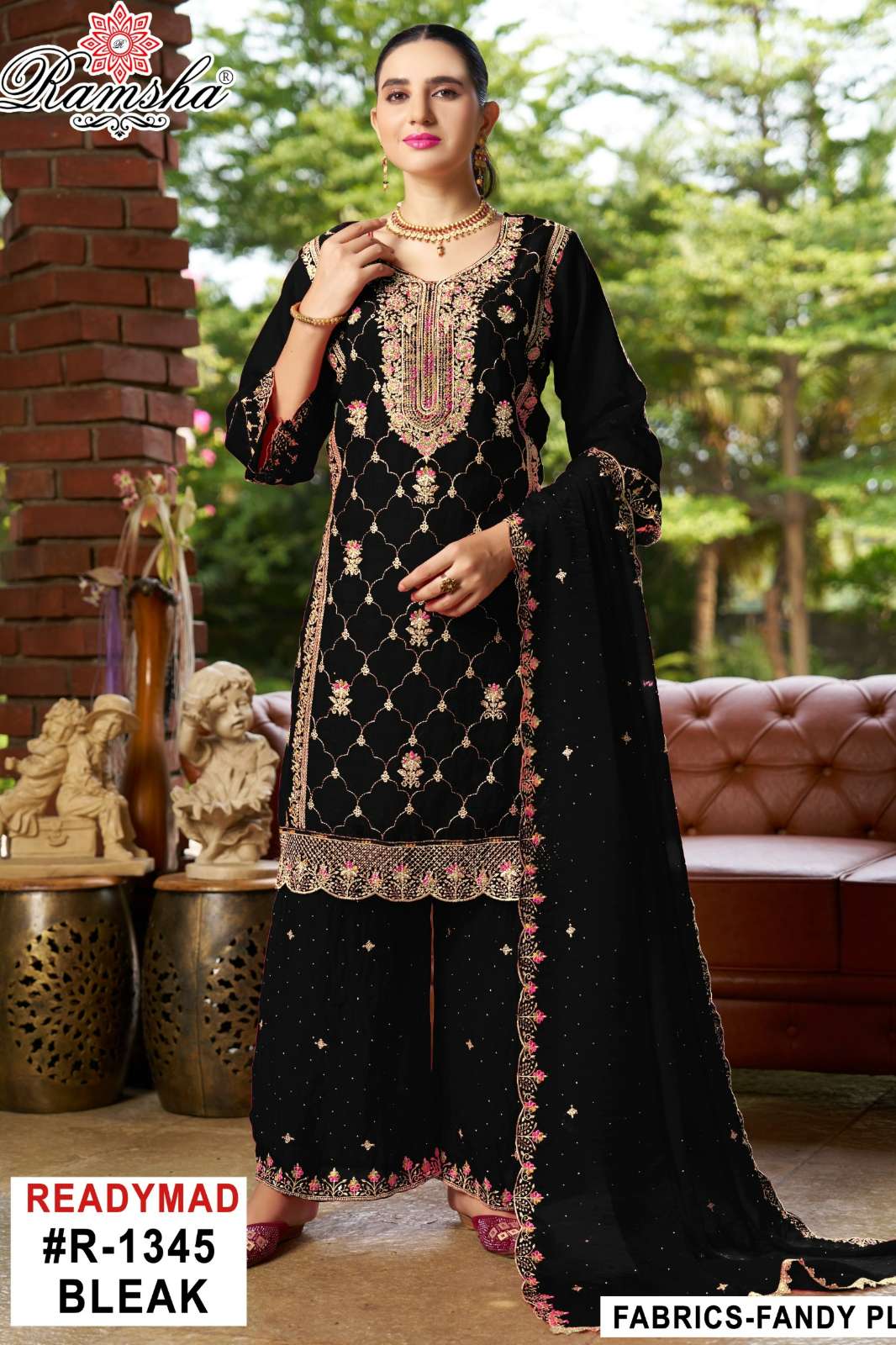 RAMSHA R 1345 Ready To Wear Black & White Embroidery Pakistani Fandy Fabric Suit