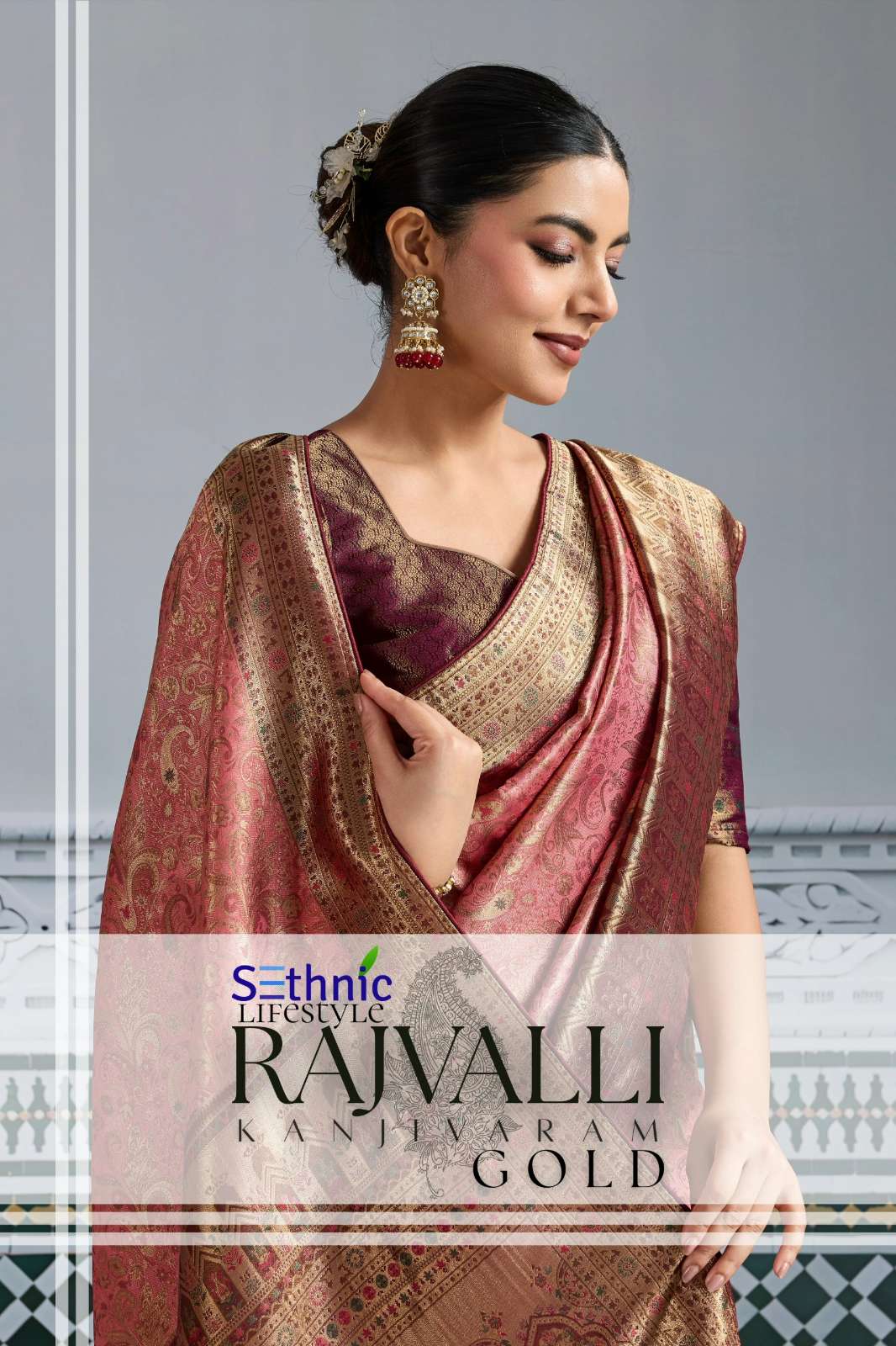 Sethnic Rajvalli Gold Soft Zari Kanjivaram Silk Kairi Pattern Saree