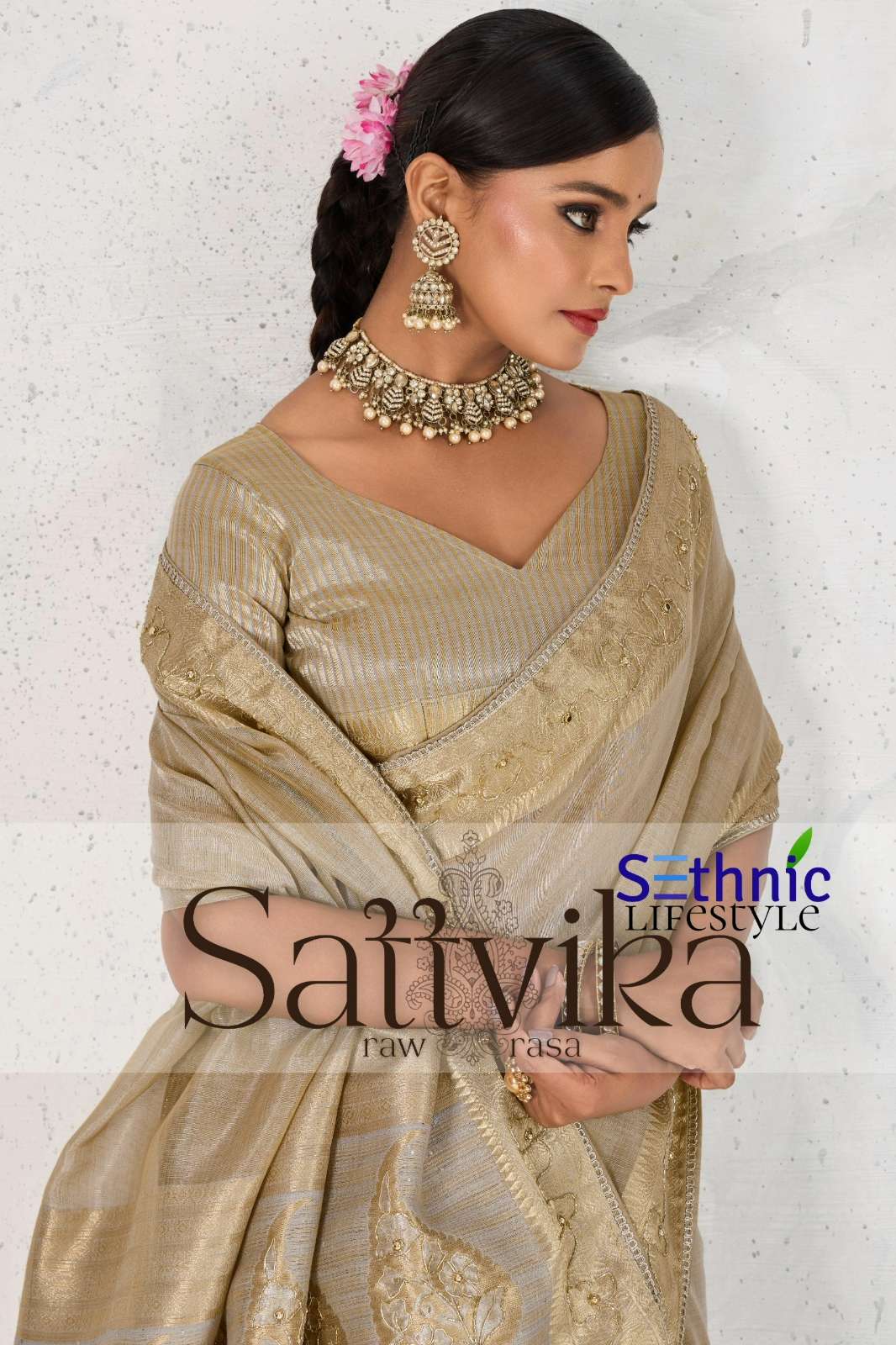 Sethnic Sattvika Tissue Linen Sequins Embellished Pallu Saree