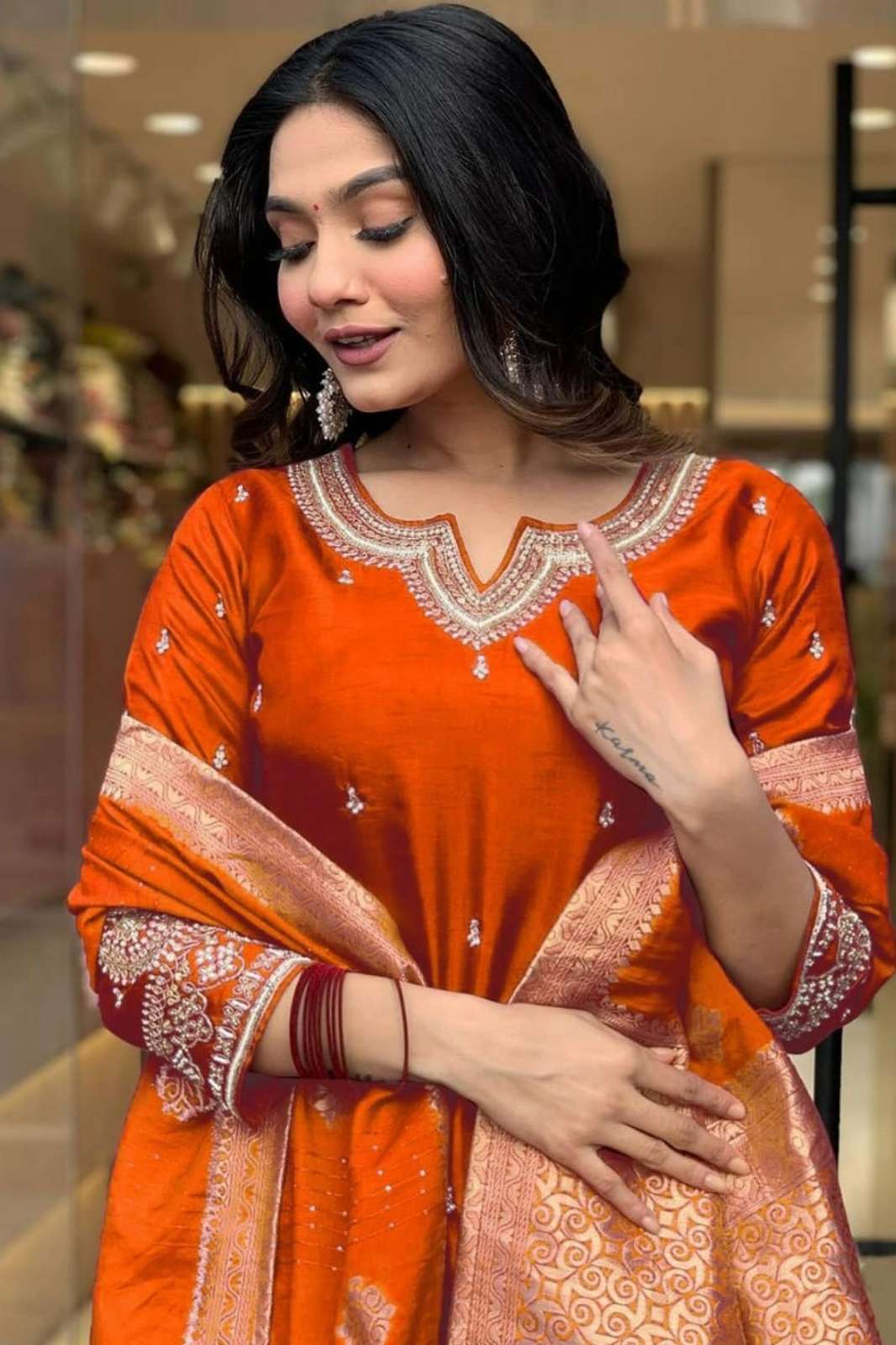 Shri Balaji Emporium 6061 7 Orange Embroidered Kurta Pant with Dupatta suit