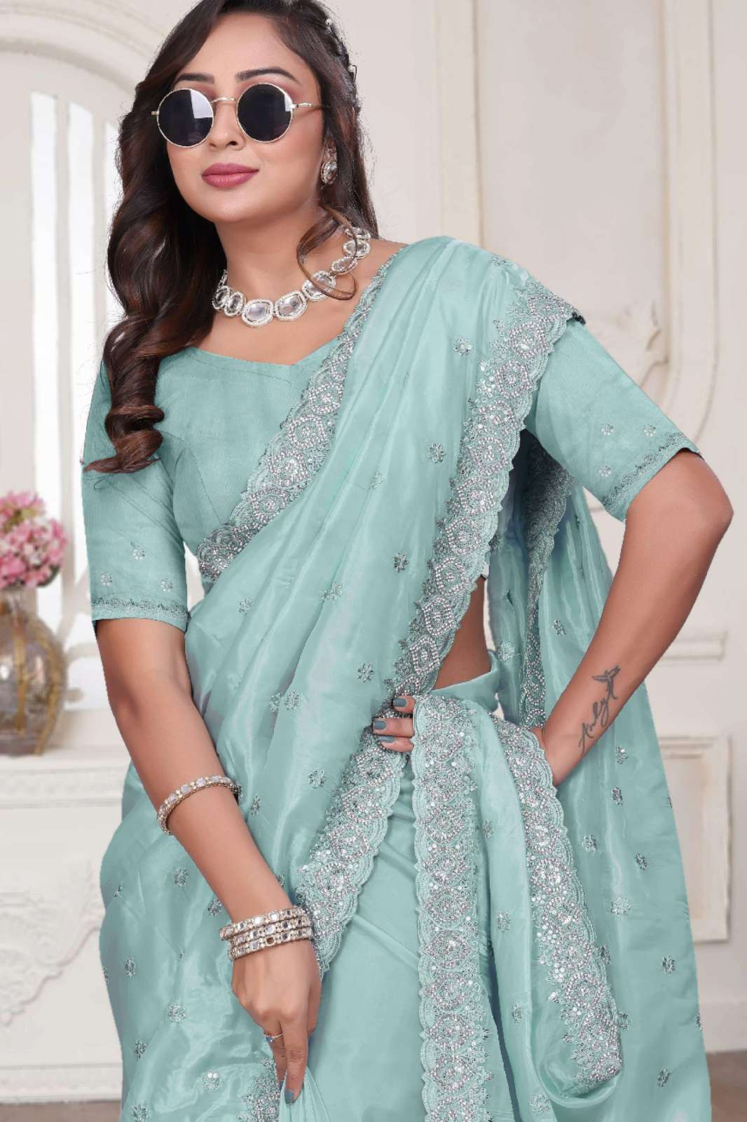 Shri Balaji Emporium NF ETHEREAL Crystal Silk Resham Embroidery Work Saree