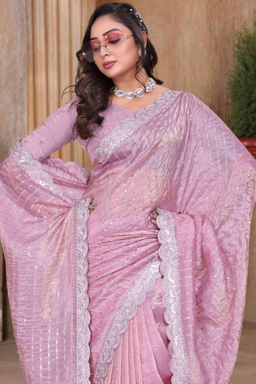 Shri Balaji Emporium NF VIBES Gold Crush Zarkan Diamond & Embroidery Work Saree