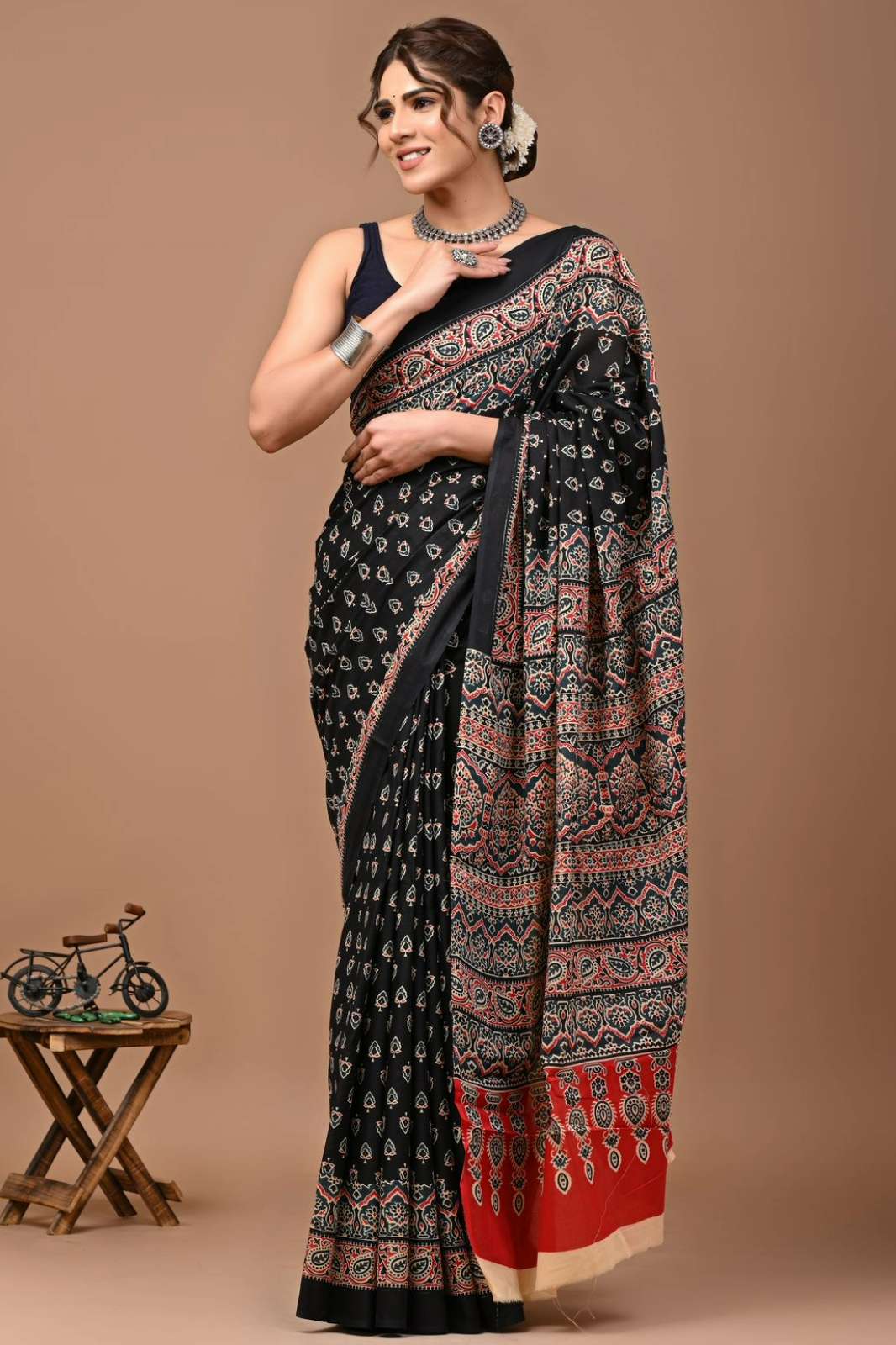 Shri Balaji Emporium RF14218 Bagru hand block printed Pure cotton saree