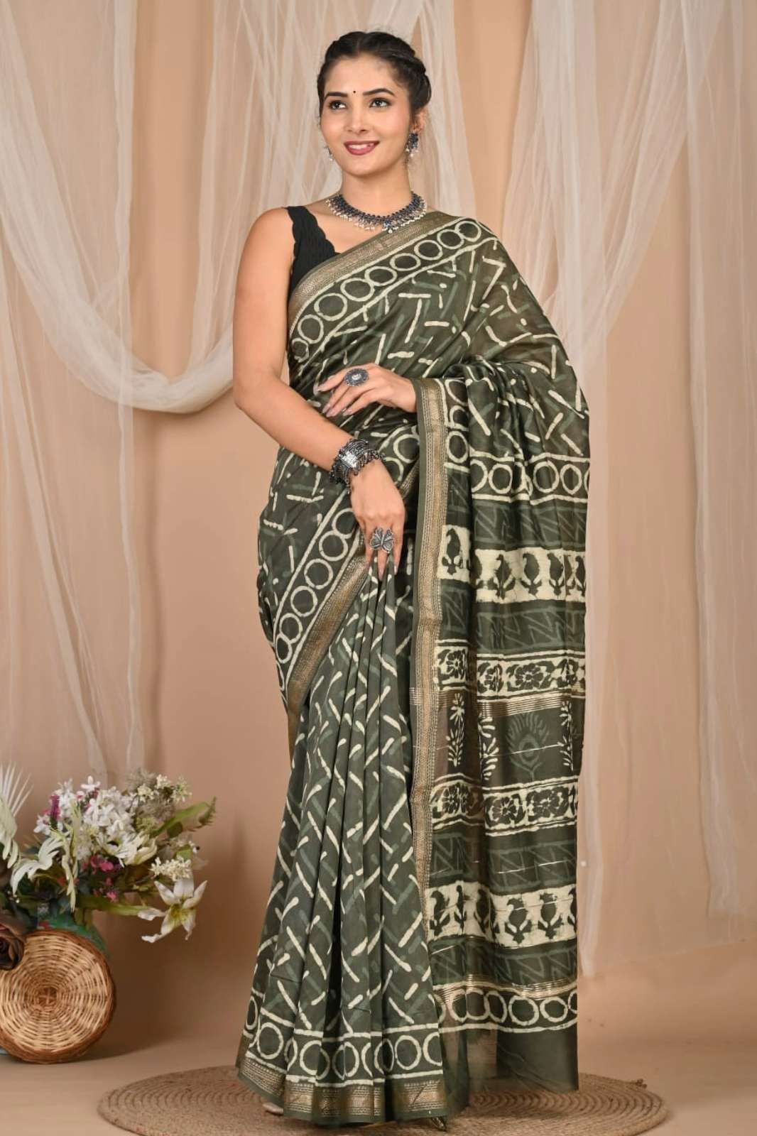 Shri Balaji Emporium RF15540 Hand Block Printed Maheshwari Silk Saree