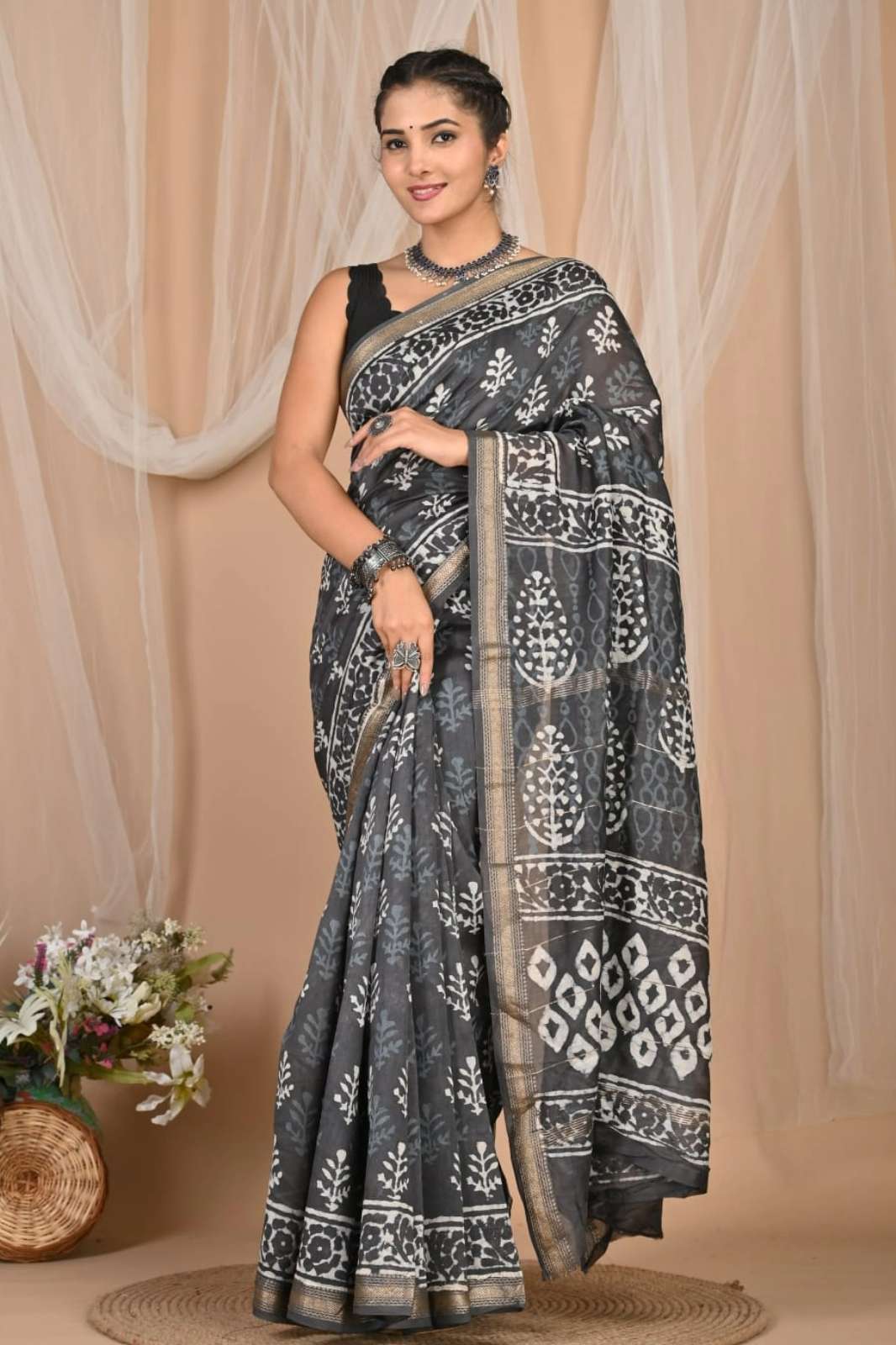 Shri Balaji Emporium RF15540 Hand Block Printed Maheshwari Silk Saree