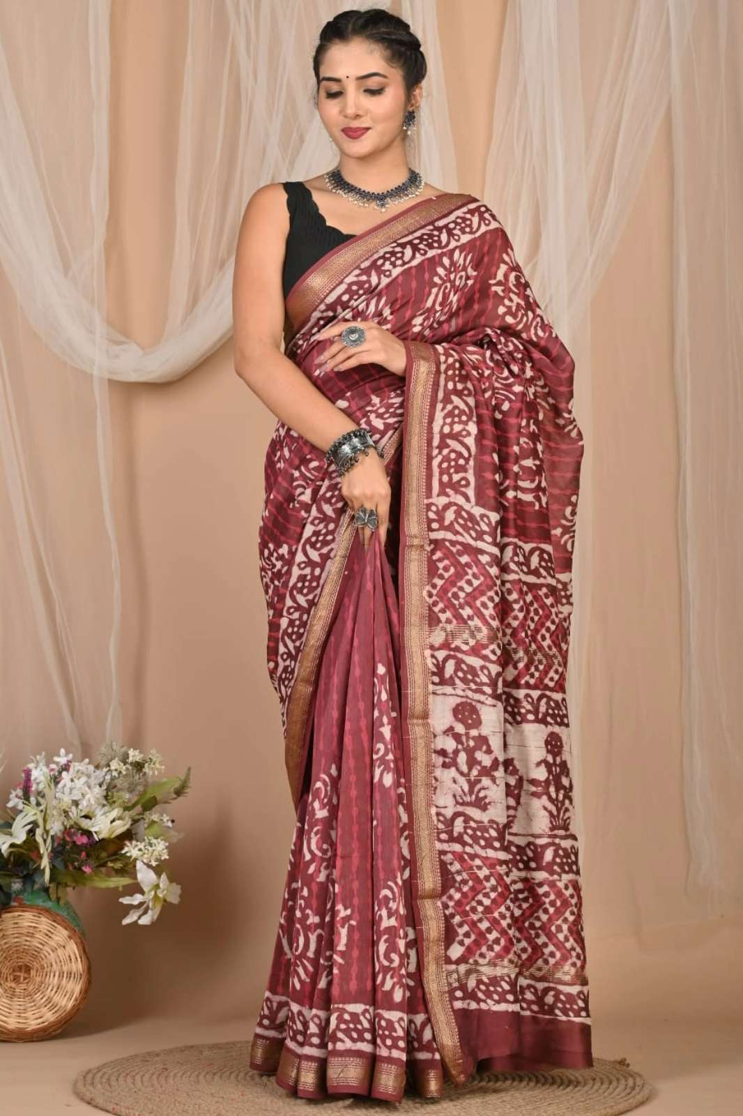 Shri Balaji Emporium RF15540 Hand Block Printed Maheshwari Silk Saree