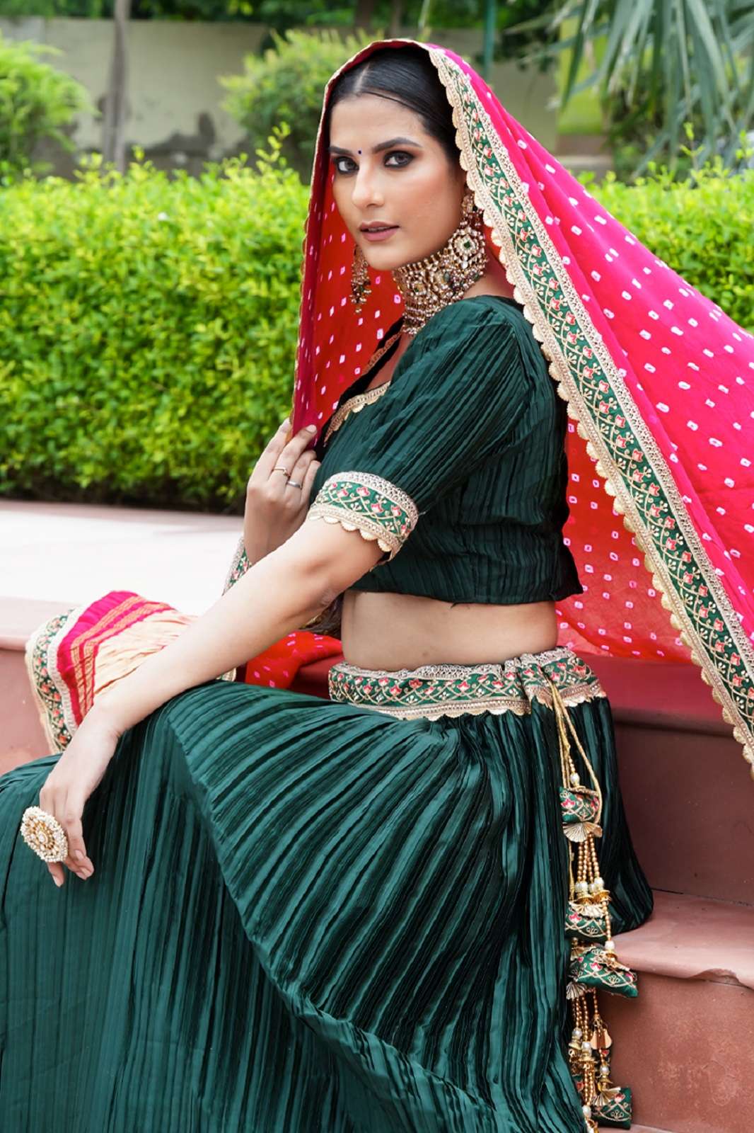 SHRI BALAJI GAJI BANDHEJ PURE SATIN LEHENGAS