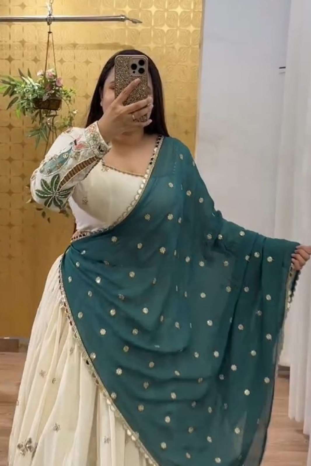 SHRI BALAJI N40 TEAL COTTON EMBROIDERED READY TO WEAR LEHENGAS
