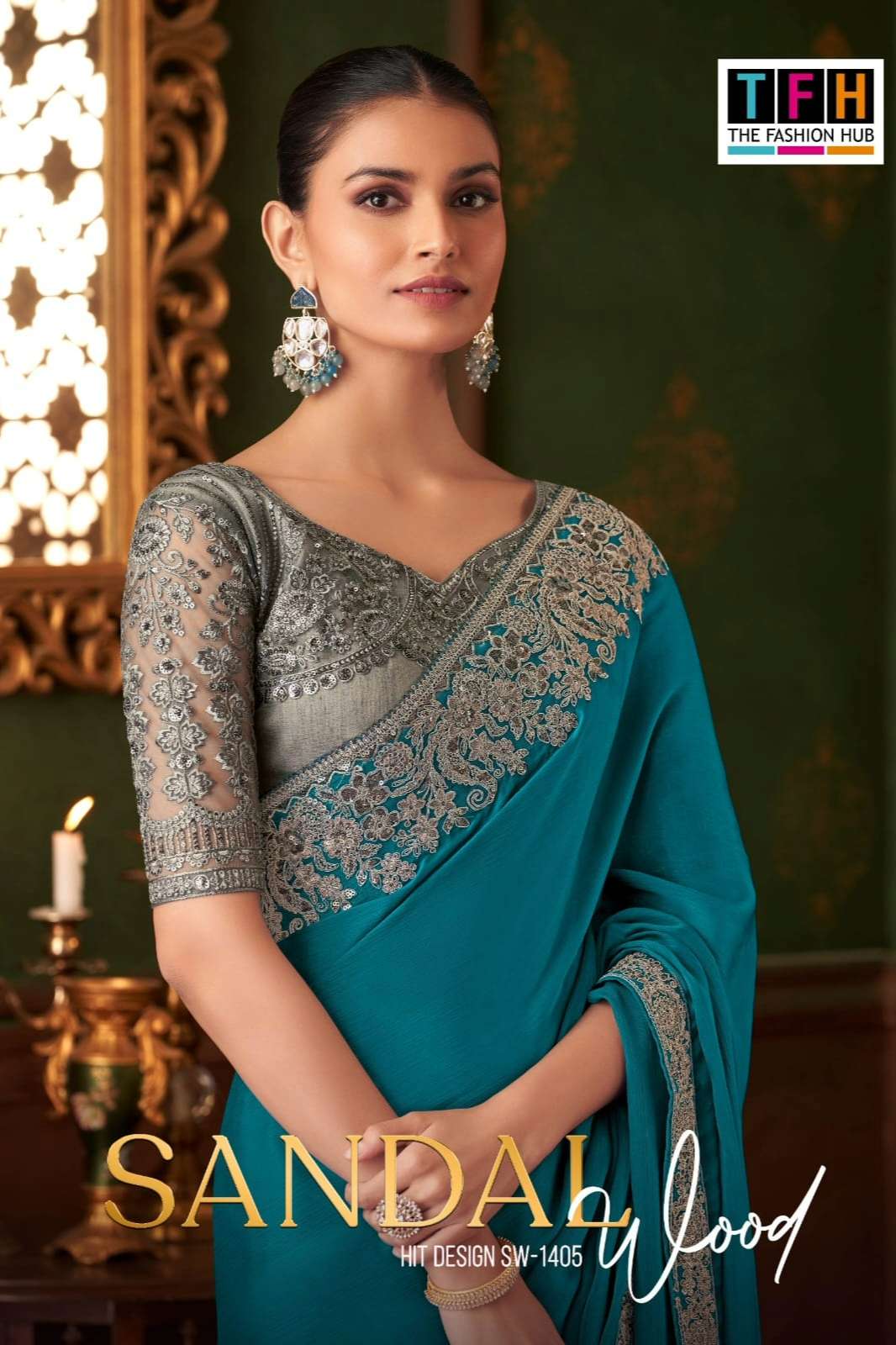 Tfh Sandal Wood 1405 Hit Pioneer Silk Chiffon Saree with Blouse