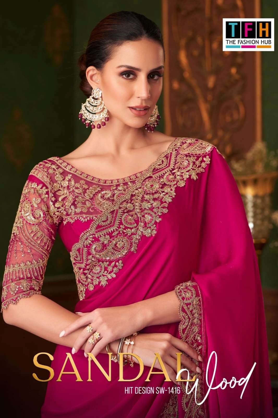 Tfh Sandal Wood 1416 Hit Magic Sartin Silk Saree for Party