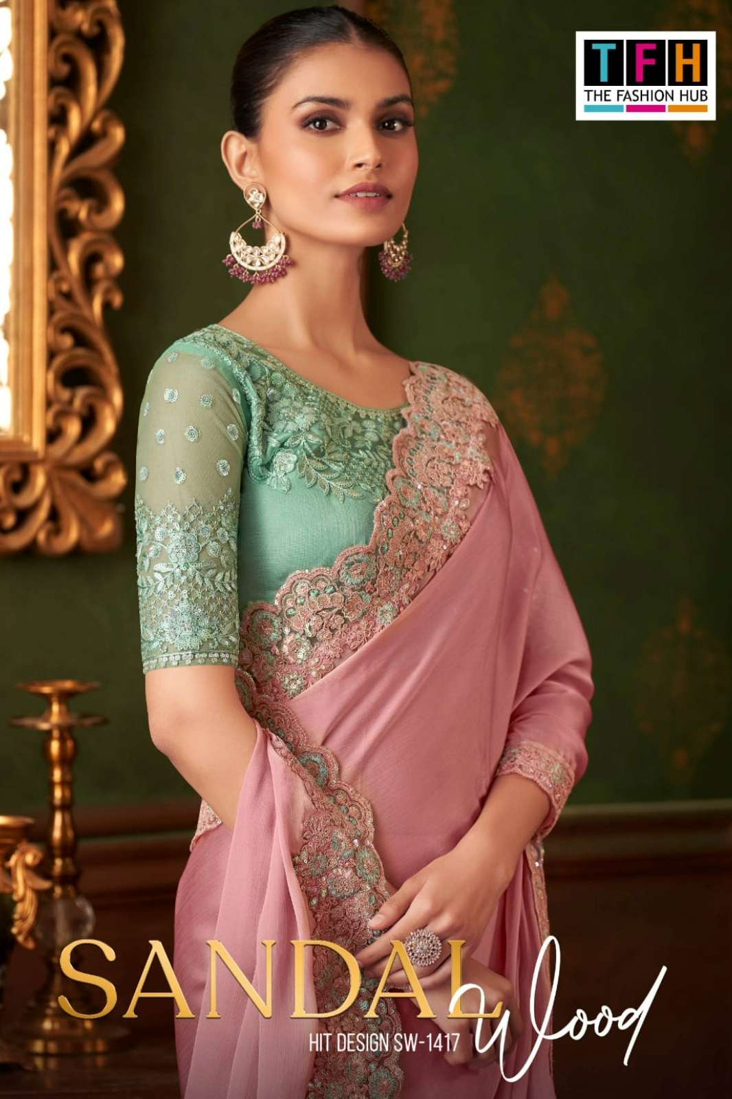 TFH Sandal Wood 1417 Hit Powder Pink Silk Chiffon Saree with blouse