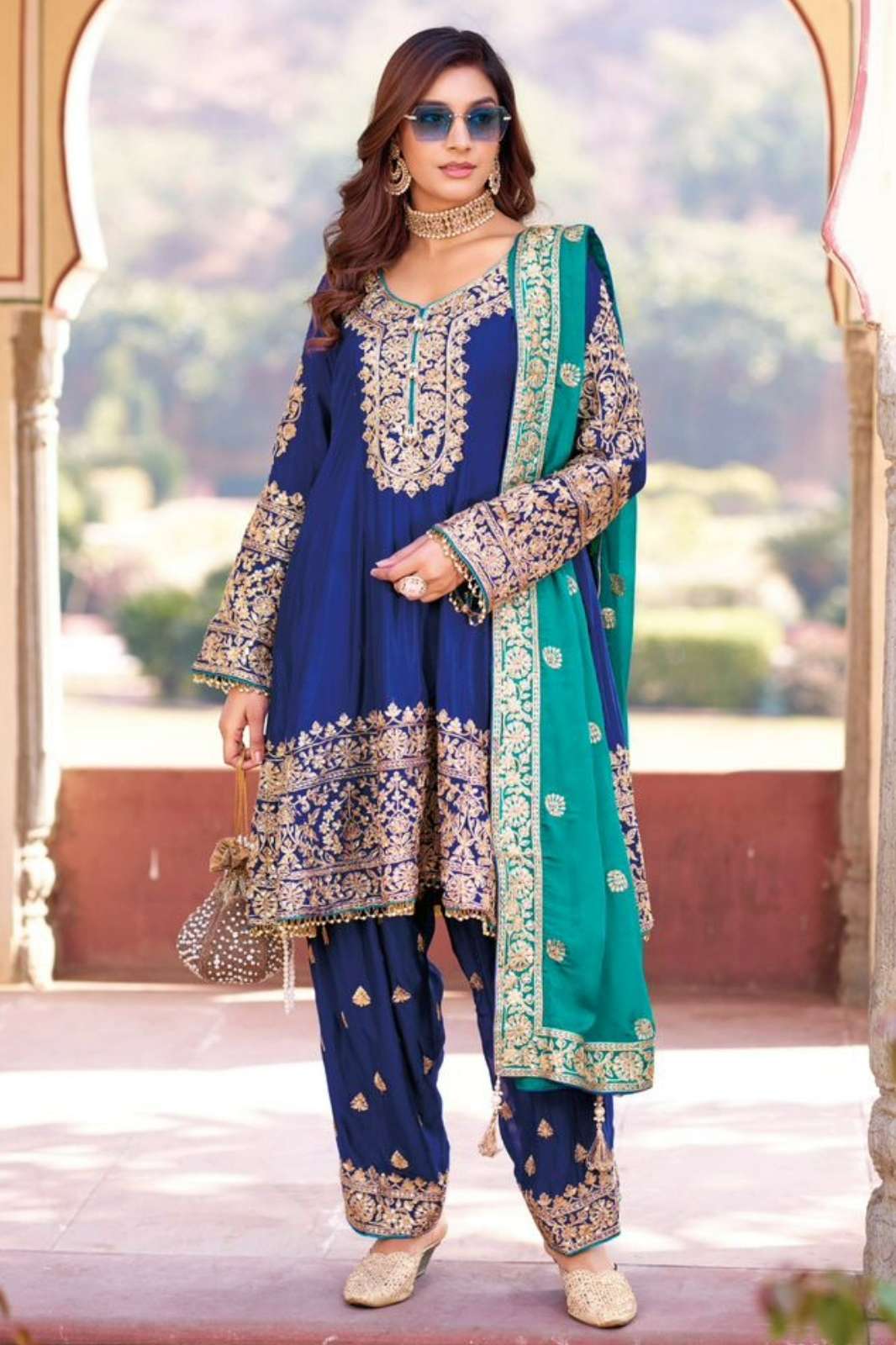 Your choice Afgani Gold Ready to Wear Pure Chinon Embroidered Salwar Suit