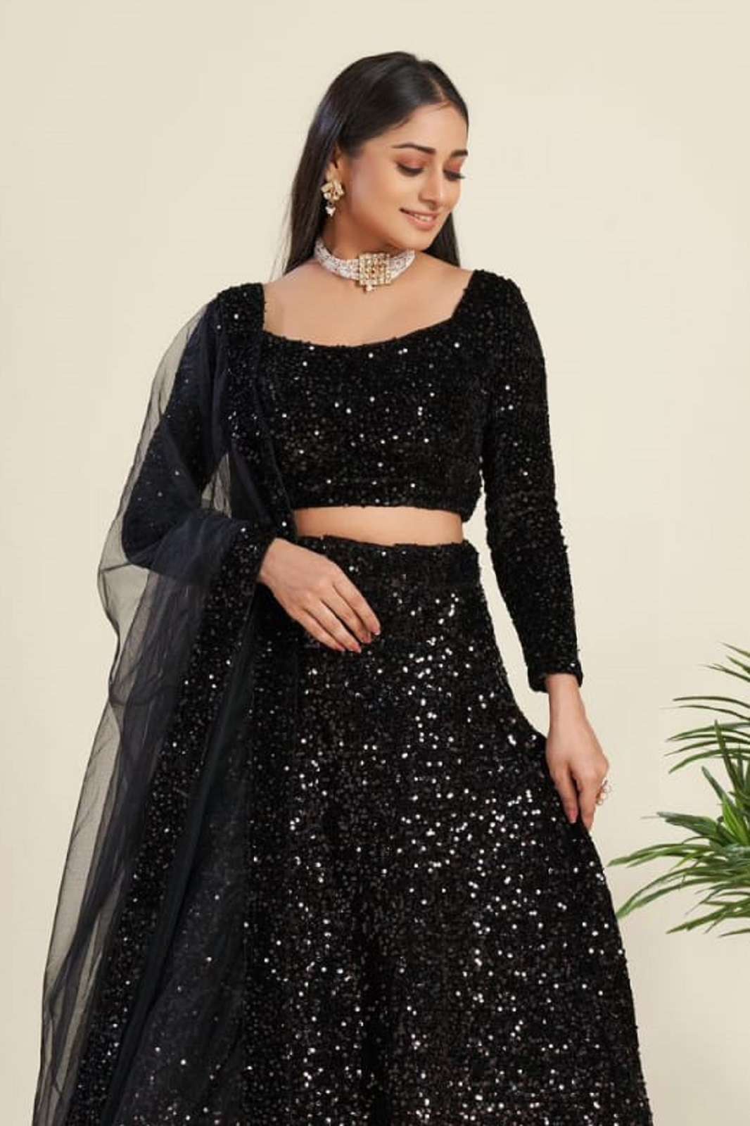 CRAZYCLOTHES L 3021 VELVET SEQUENCED BLACK LEHENGAS