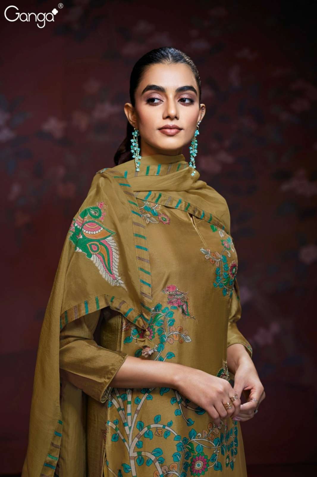  GANGA AALIYAH S3203 BEMBERG RAW SILK PRINTED SUIT WITH HAND EMBROIDERY WORK