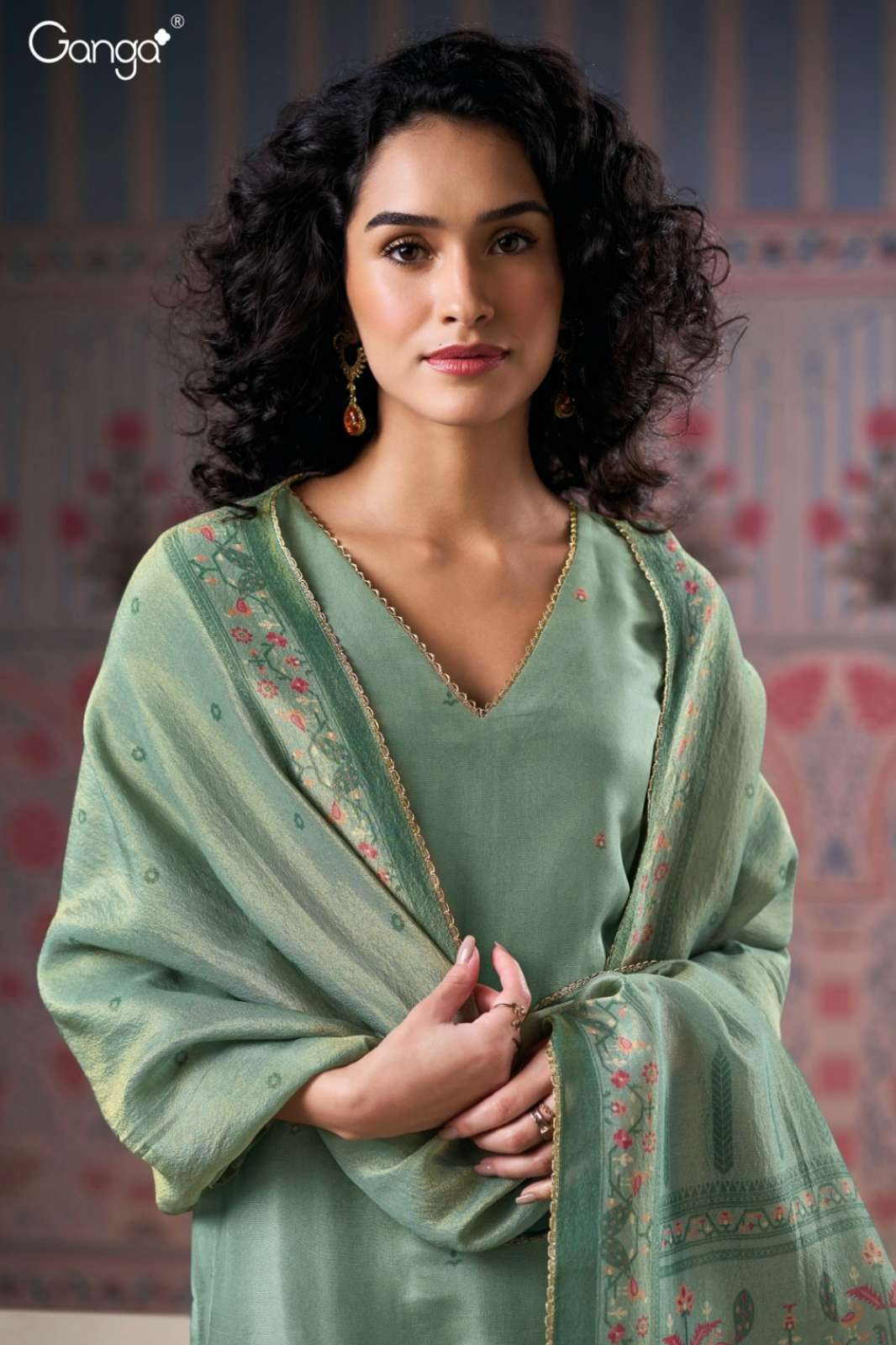 GANGA ANEETA S3173 BEMBERG GADWAL SILK PRINTED SUIT WITH HAND EMBROIDERY