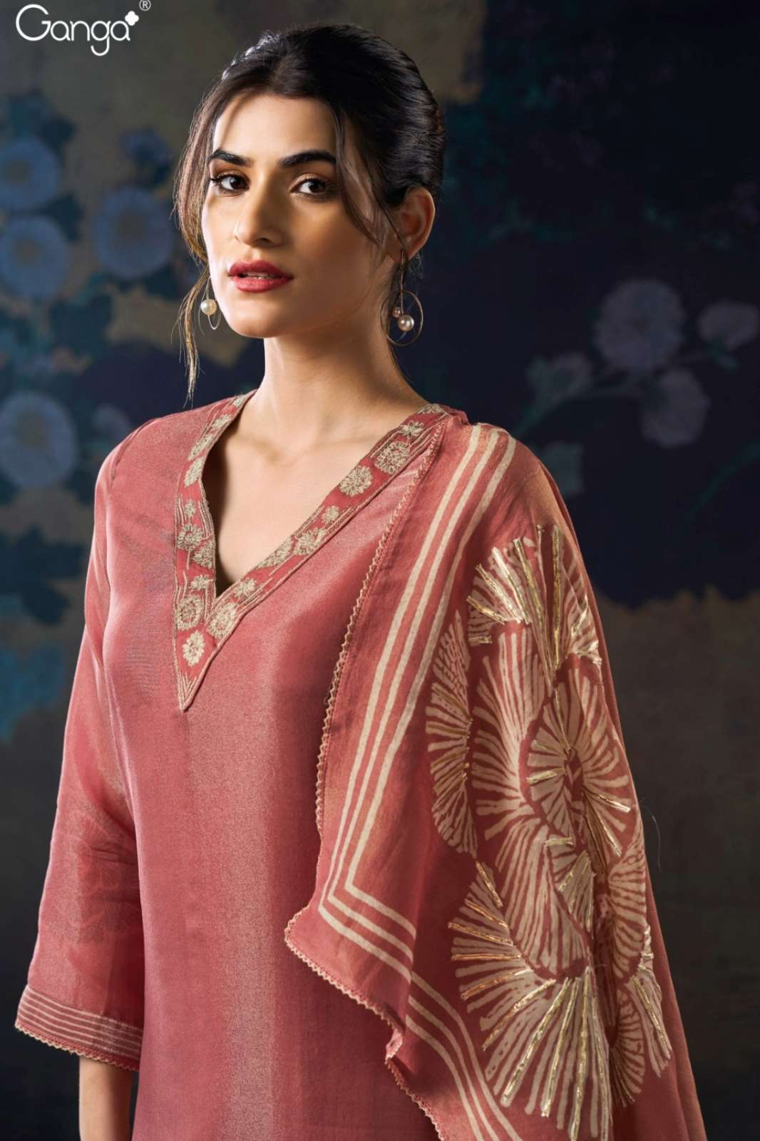 GANGA ANWIKA S3130 PURE BEMBERG SILK PRINTED SUIT WITH HAND EMBROIDERY