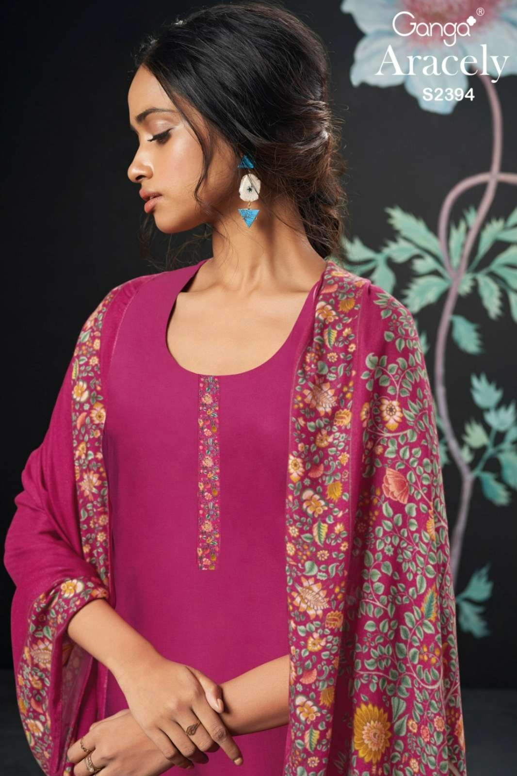 GANGA ARACELY S2394 PREMIUM COTTON SILK SOLID SUIT WITH PRINTED