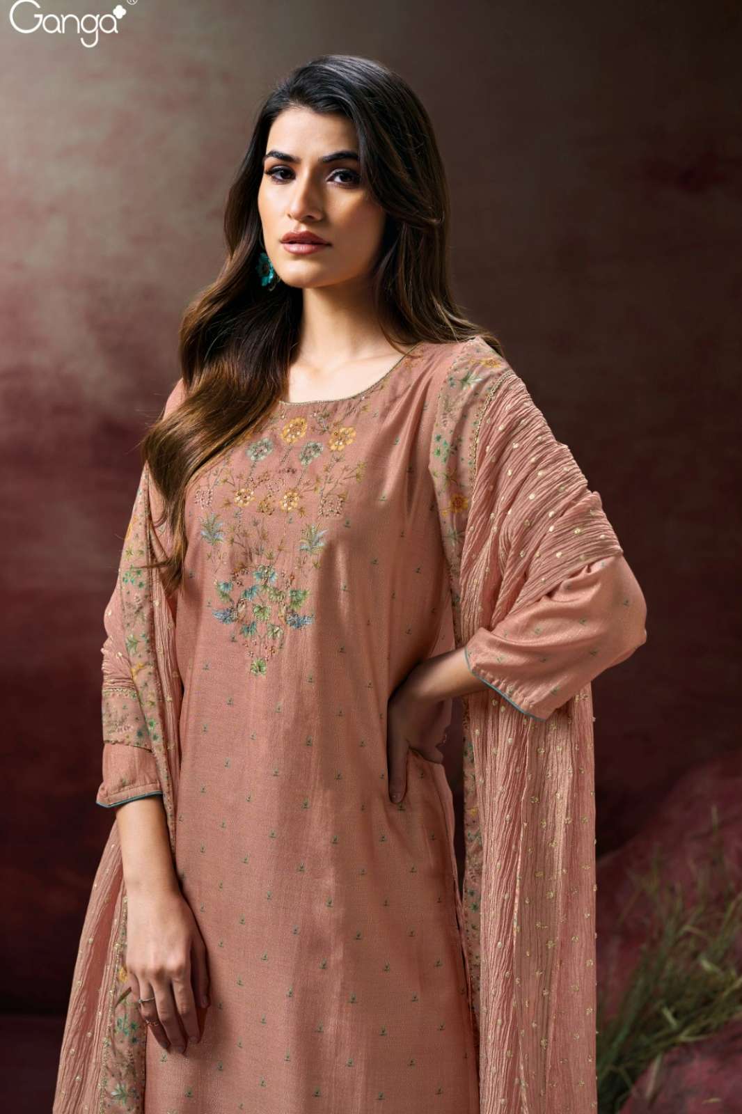 GANGA BERKLEY S3135 PURE BEMBERG SILK PRINTED SUIT WITH HAND EMBROIDERY
