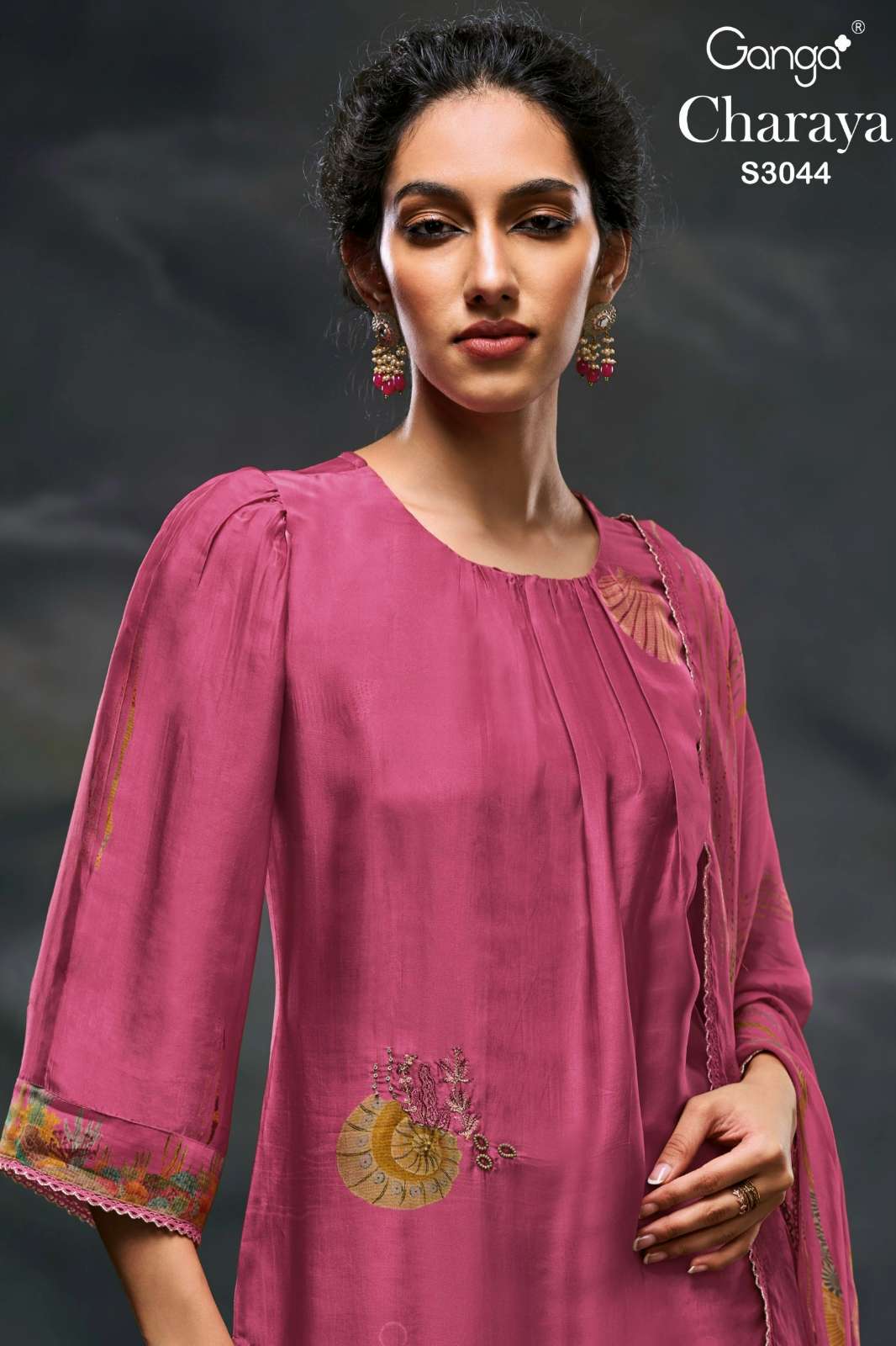  GANGA  CHARAYA  S3044 PREMIUM BEMBERG SILK SATIN PRINTED SUIT WITH EMBROIDERY