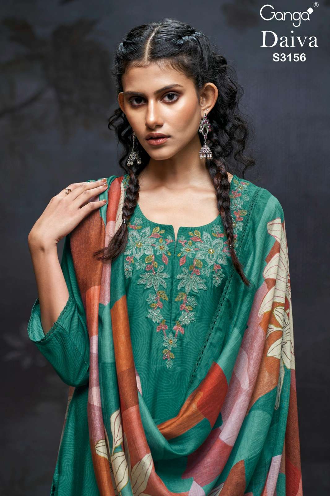 GANGA DAIVA S3156 PURE BEMBERG SILK PRINTED SUIT WITH EMBROIDERY