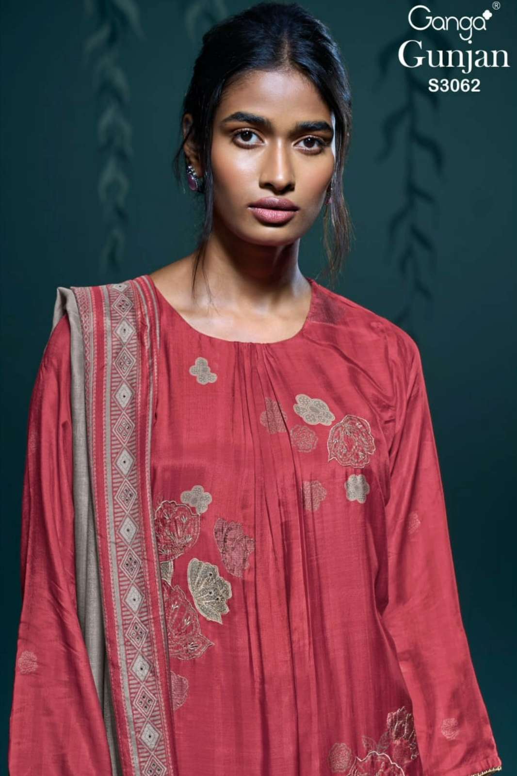 GANGA GUNJAN S3062 PURE BEMBERG SILK PRINTED SUIT WITH HAND EMBROIDERY