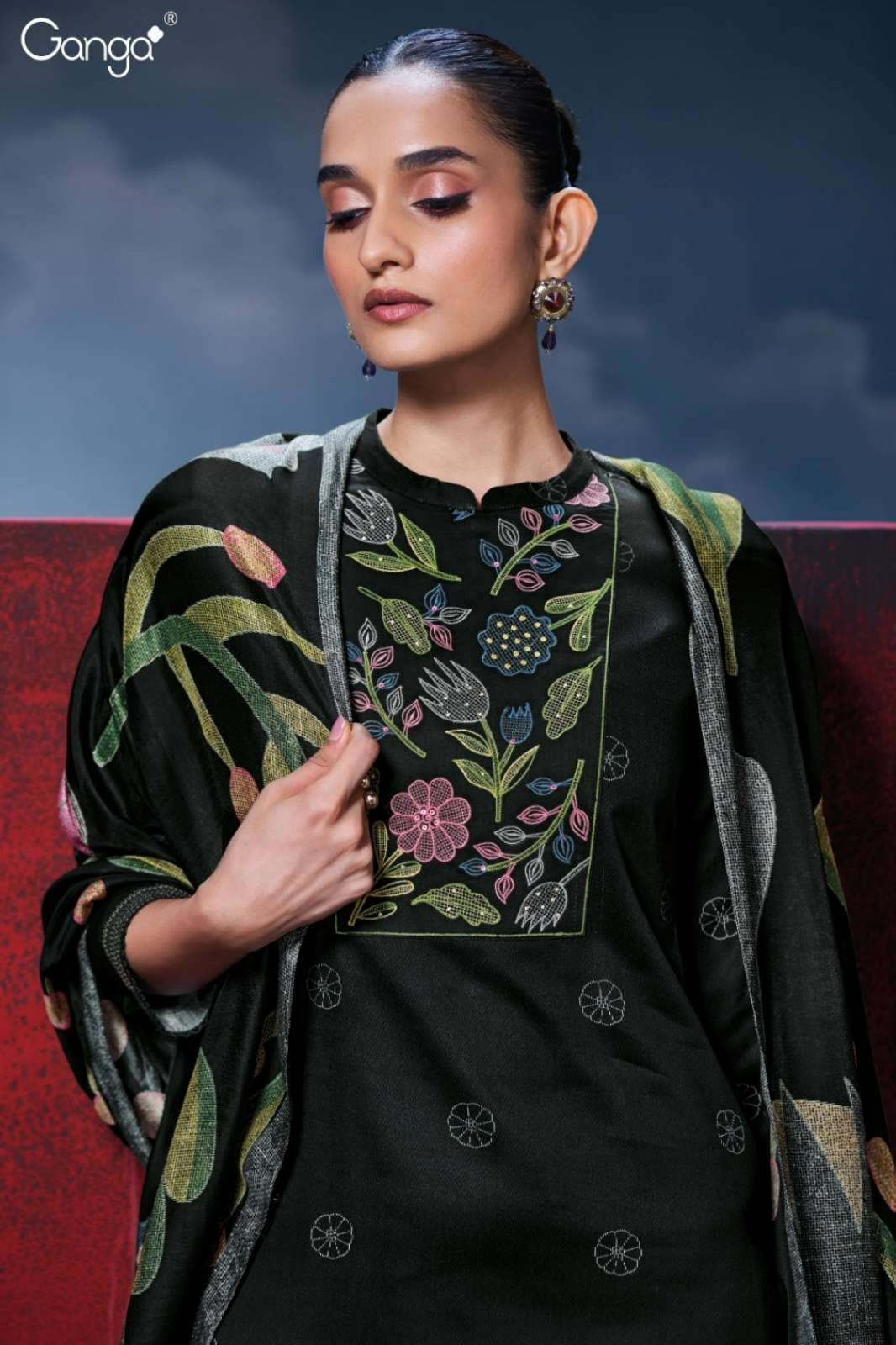 GANGA ISALITH S3715 PREMIUM COTTON SATIN PRINTED SUIT WITH EMBROIDERY 
