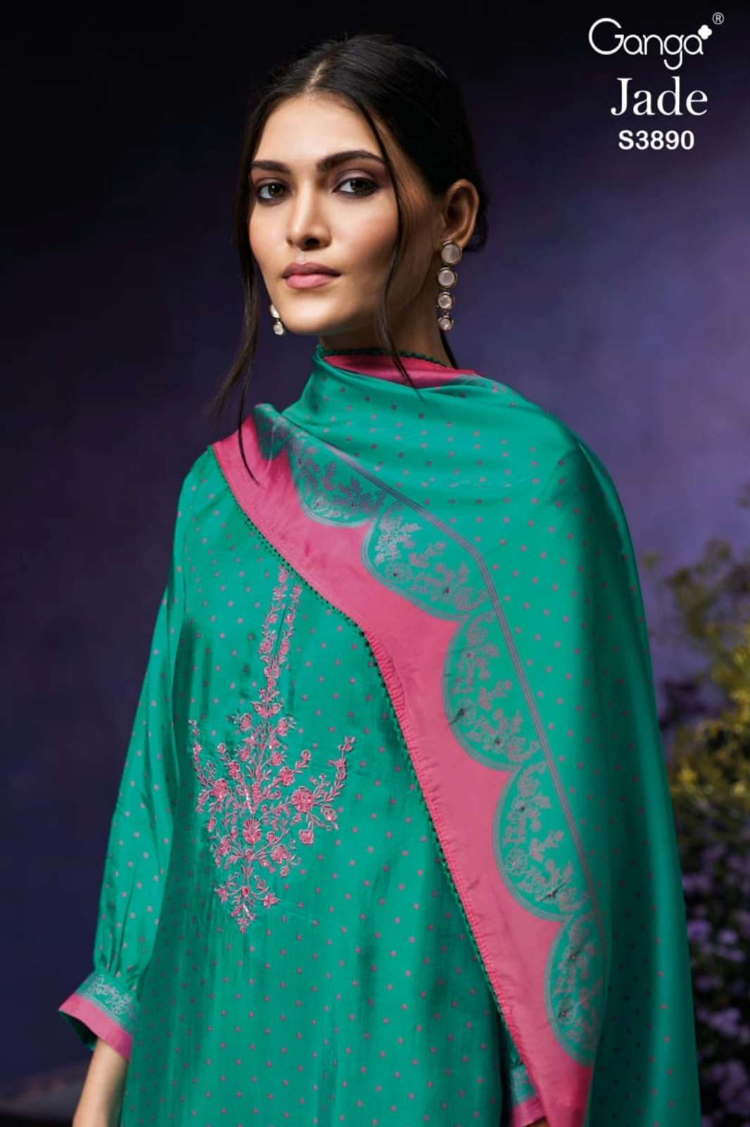 GANGA JADE S3890 PURE BEMBERG HABUTAI PRINTED & EMBROIDERED SUIT 