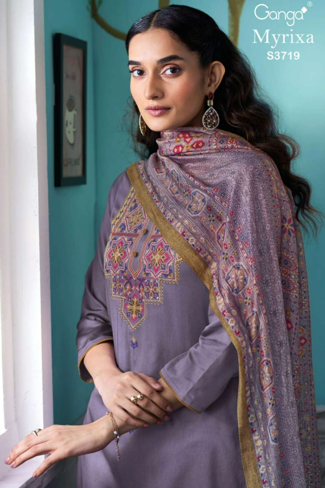 GANGA MYRIXA S3719 PREMIUM COTTON SATIN SOLID COLOR SUIT WITH EMBROIDERY