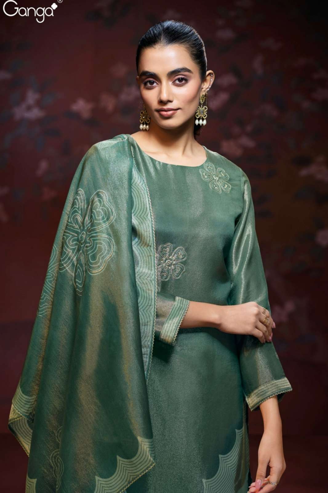 GANGA SOPHIA S3131 PURE BEMBERG SILK JACQUARD PRINTED SUIT WITH EMBROIDERY