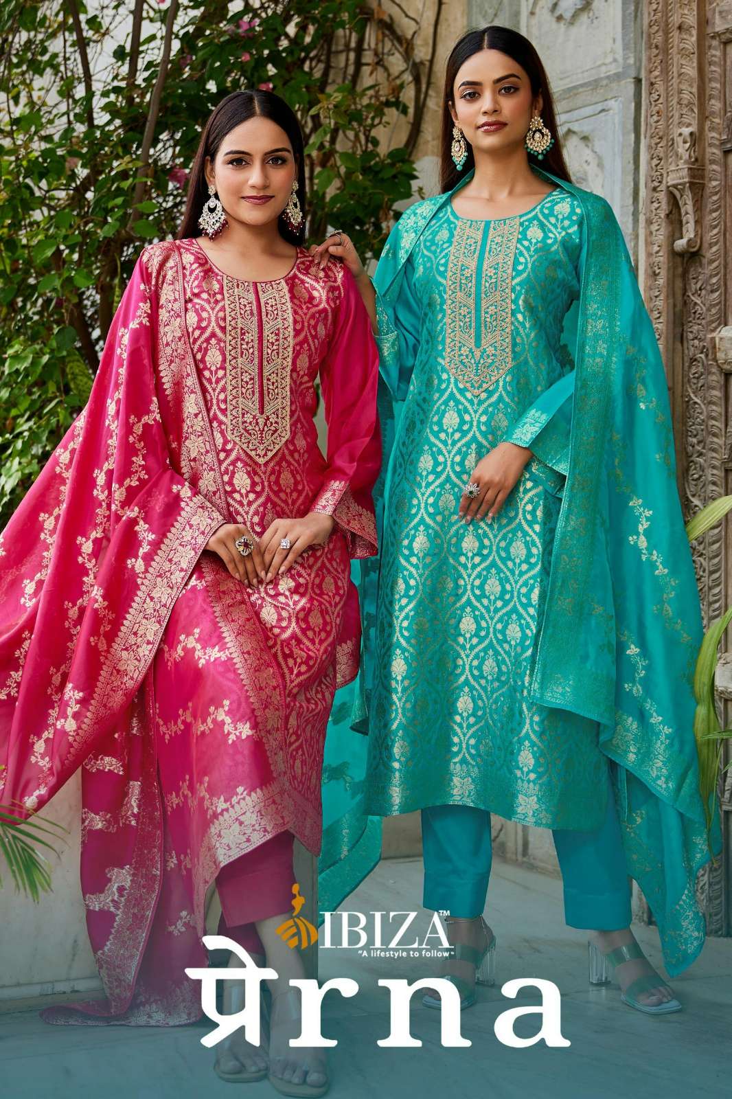 IBIZA PRERNA PURE BANGLORY SILK JACQUARD SUIT WITH EMBROIDERY WORK