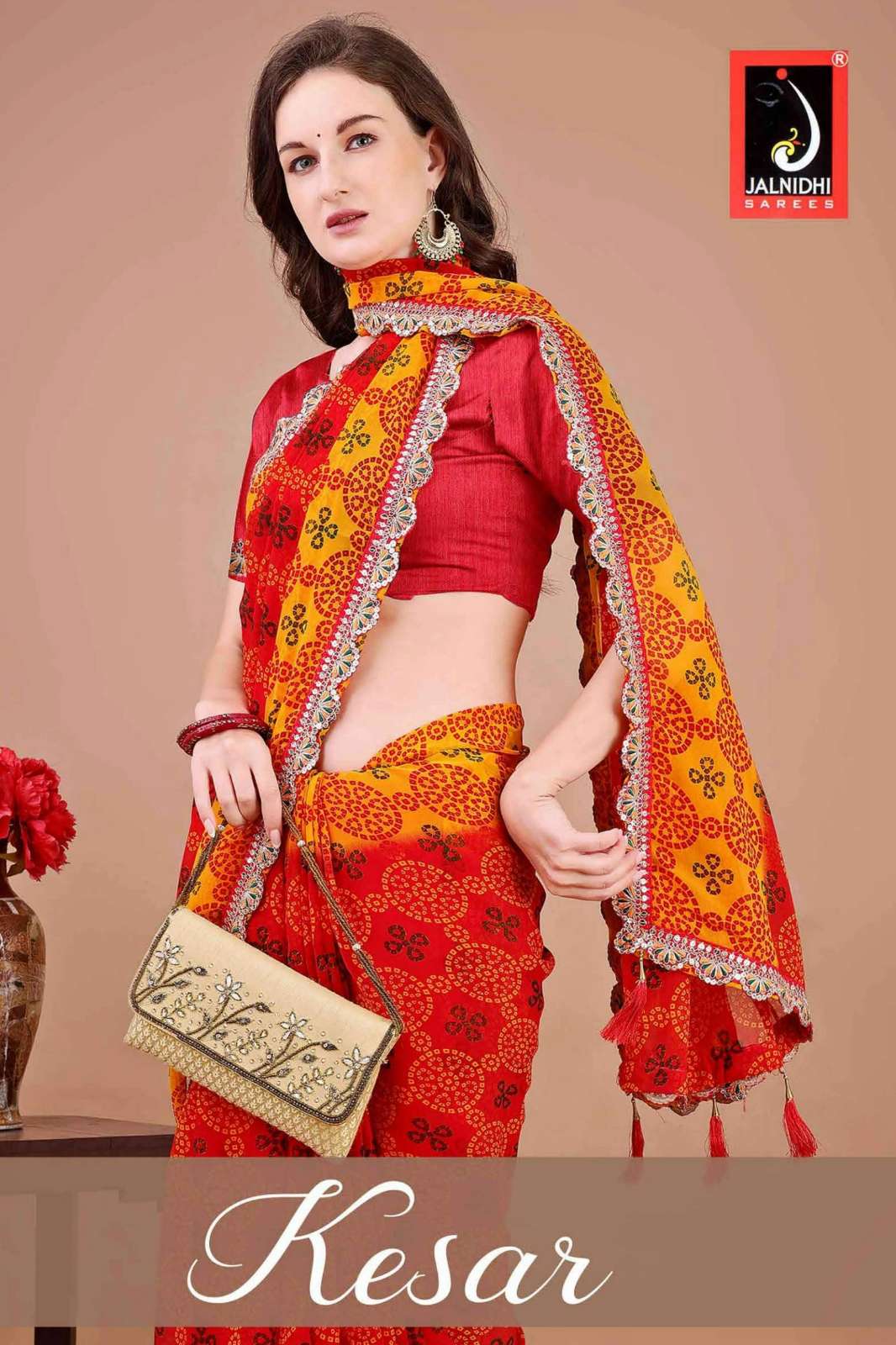JALNIDHI KESAR TRADITIONAL BANDHANI GEORGETTE SAREE