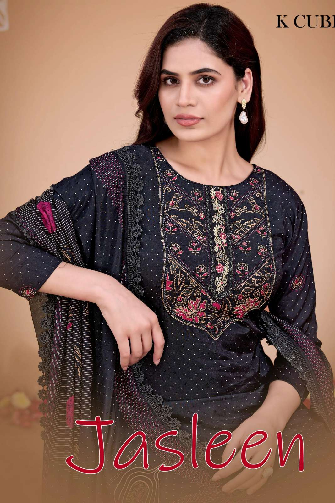 K CUBE JASLEEN Muslin Digital Printed Suit with Embroidery & Hand Work