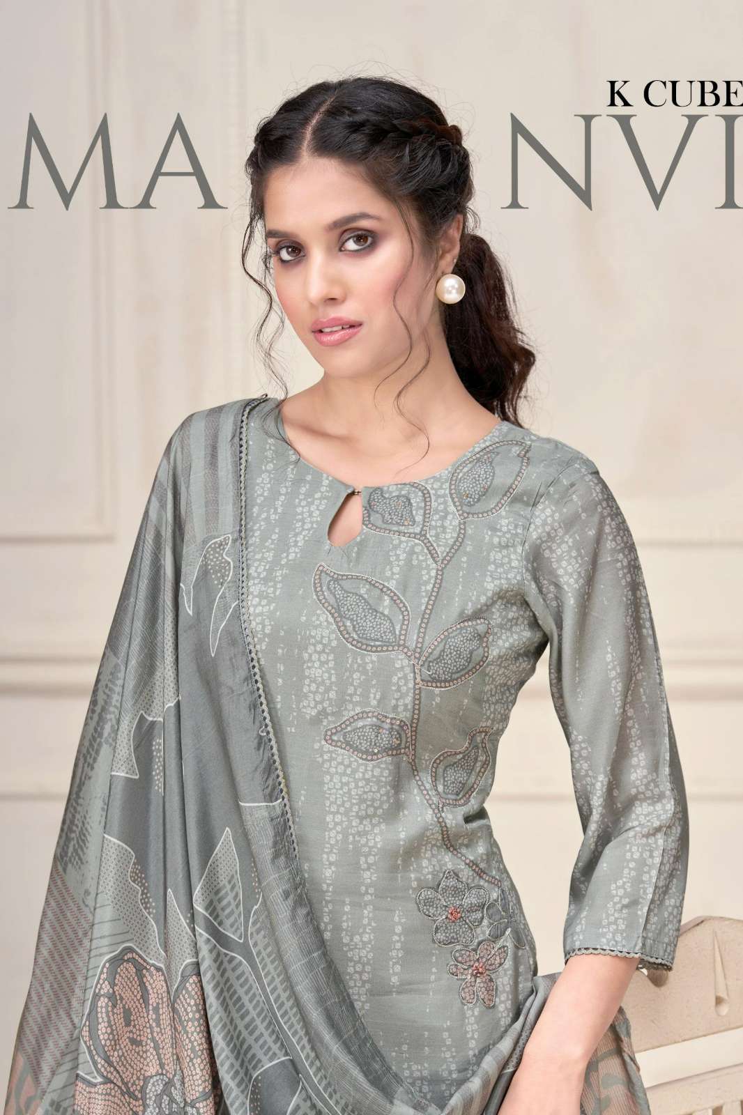 K CUBE MANVI Muslin Silk Digital Printed Suit with Hand Work