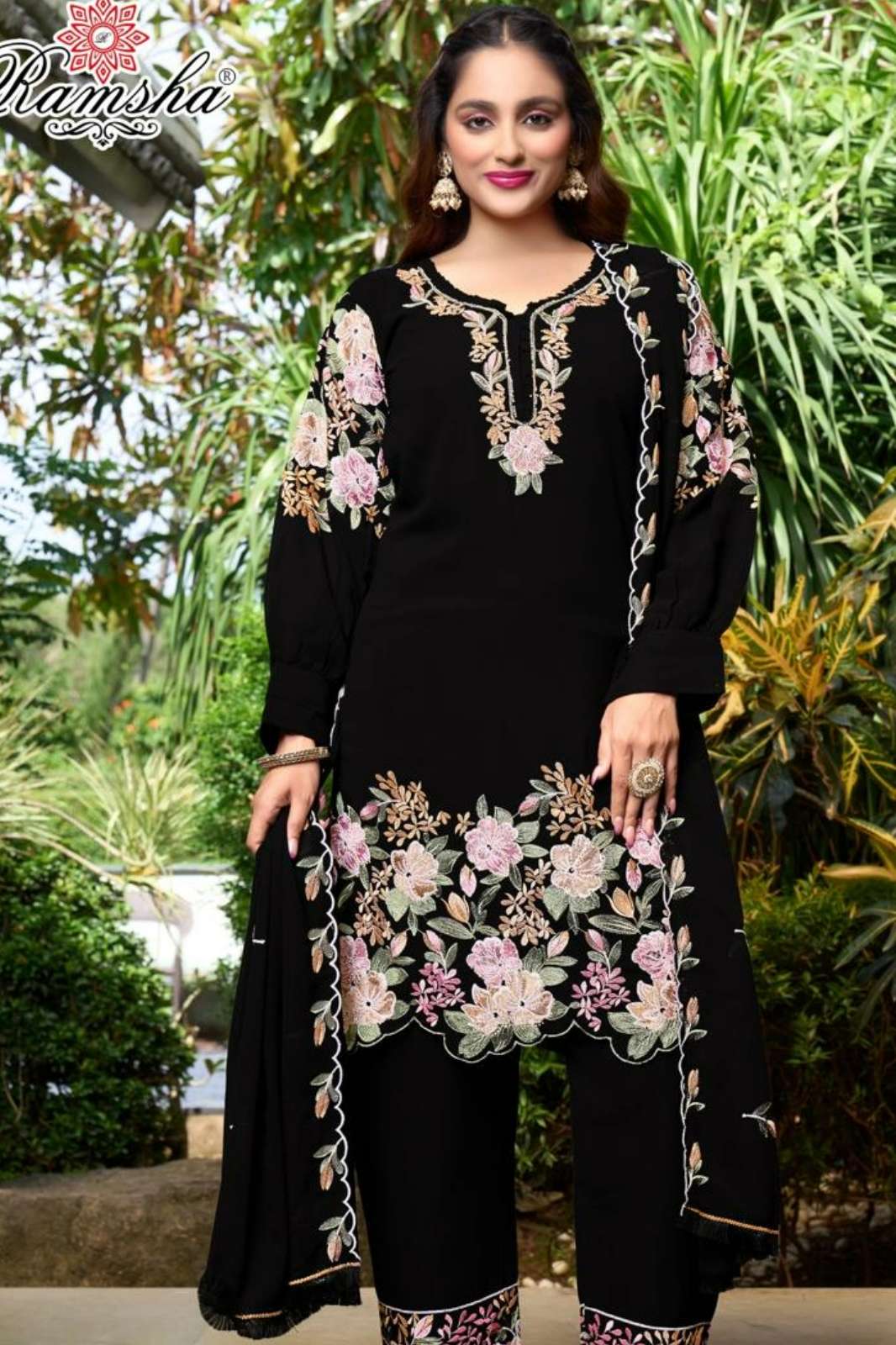 RAMSHA R 1377 Ready To Wear Black & White Embroidery Pakistani Georgette Suit