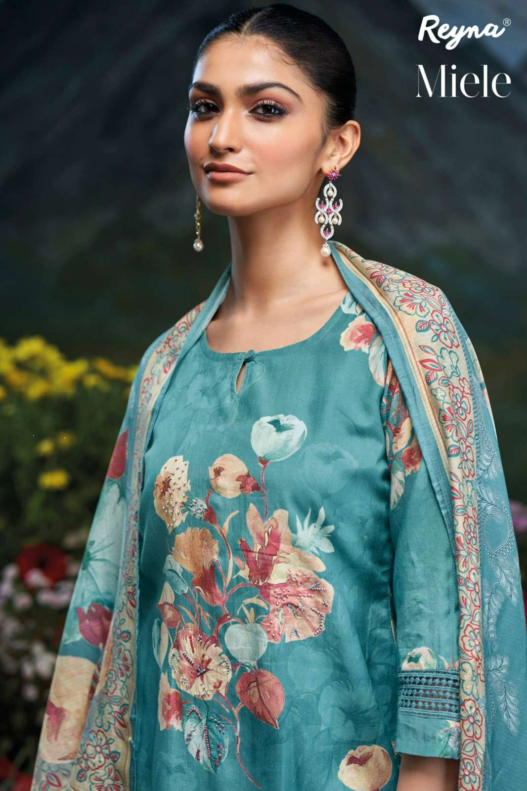 REYNA MIELE PURE BEMBERG SILK DIGITAL PRINTED SUIT WITH HANDWORK