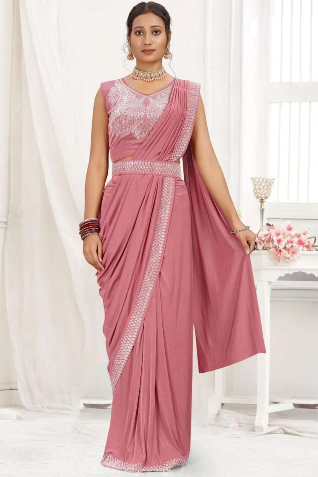 Shri Balaji Emporium 16101 Ready to Wear Imported Lycra Fabric Party Wear Saree