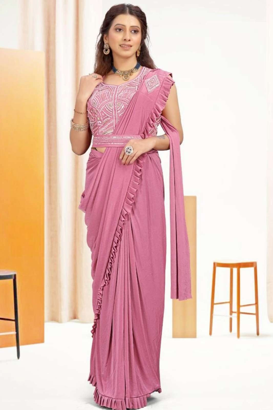 Shri Balaji Emporium 16104 Ready to Wear Imported Lycra Fabric Party Wear Saree