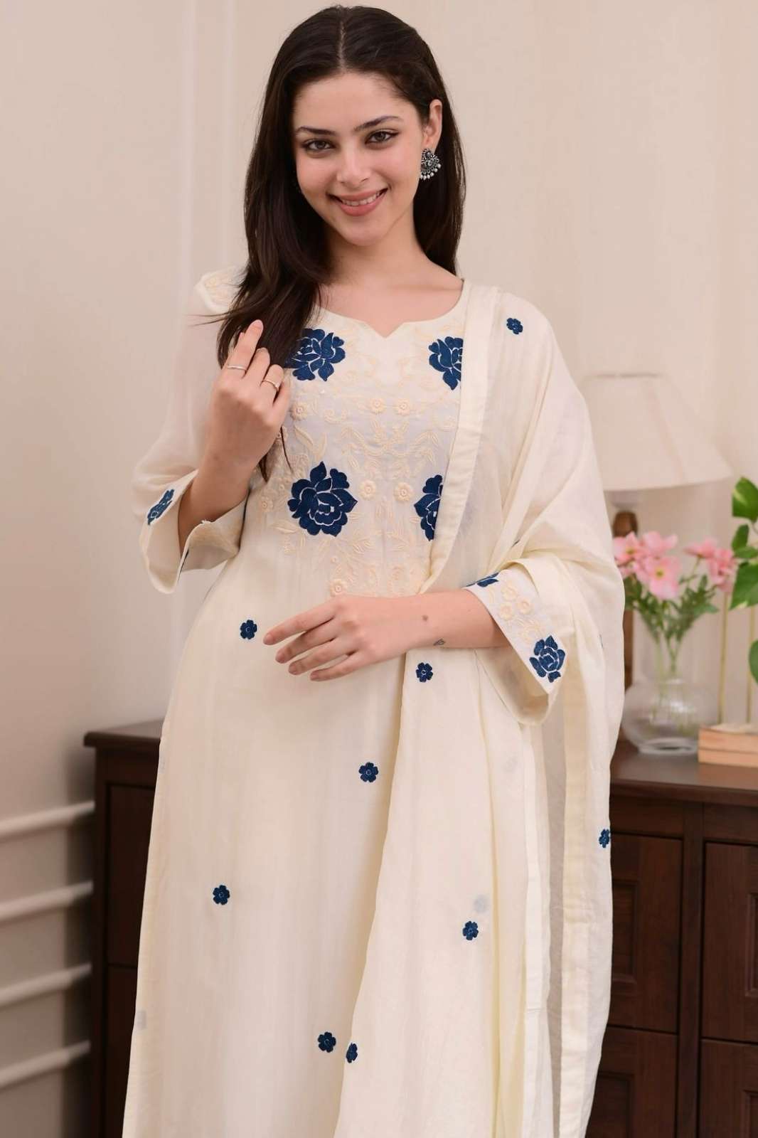 SHRI BALAJI EMPORIUM BE 382 EMBROIDERED ROMAN SILK TOP AND PANT WITH DUPATTA 