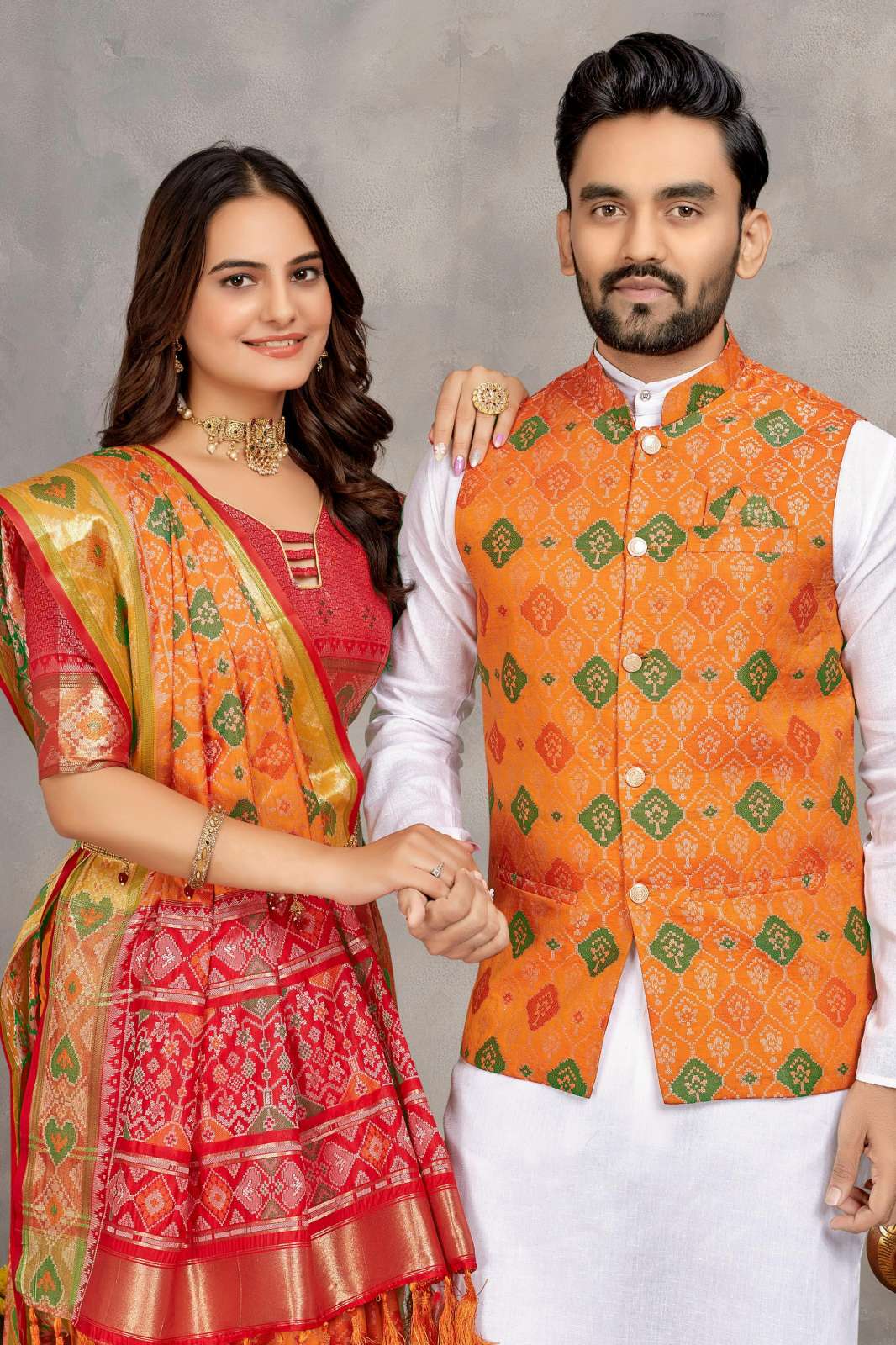 Shri Balaji Emporium DIF 075 Mens Kurta pajama Koti & Female Saree Matching Combo couple Set