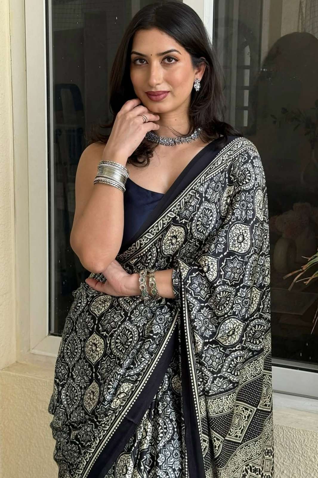 Shri Balaji Emporium Original Japan Silk Ajrakh Printed Saree