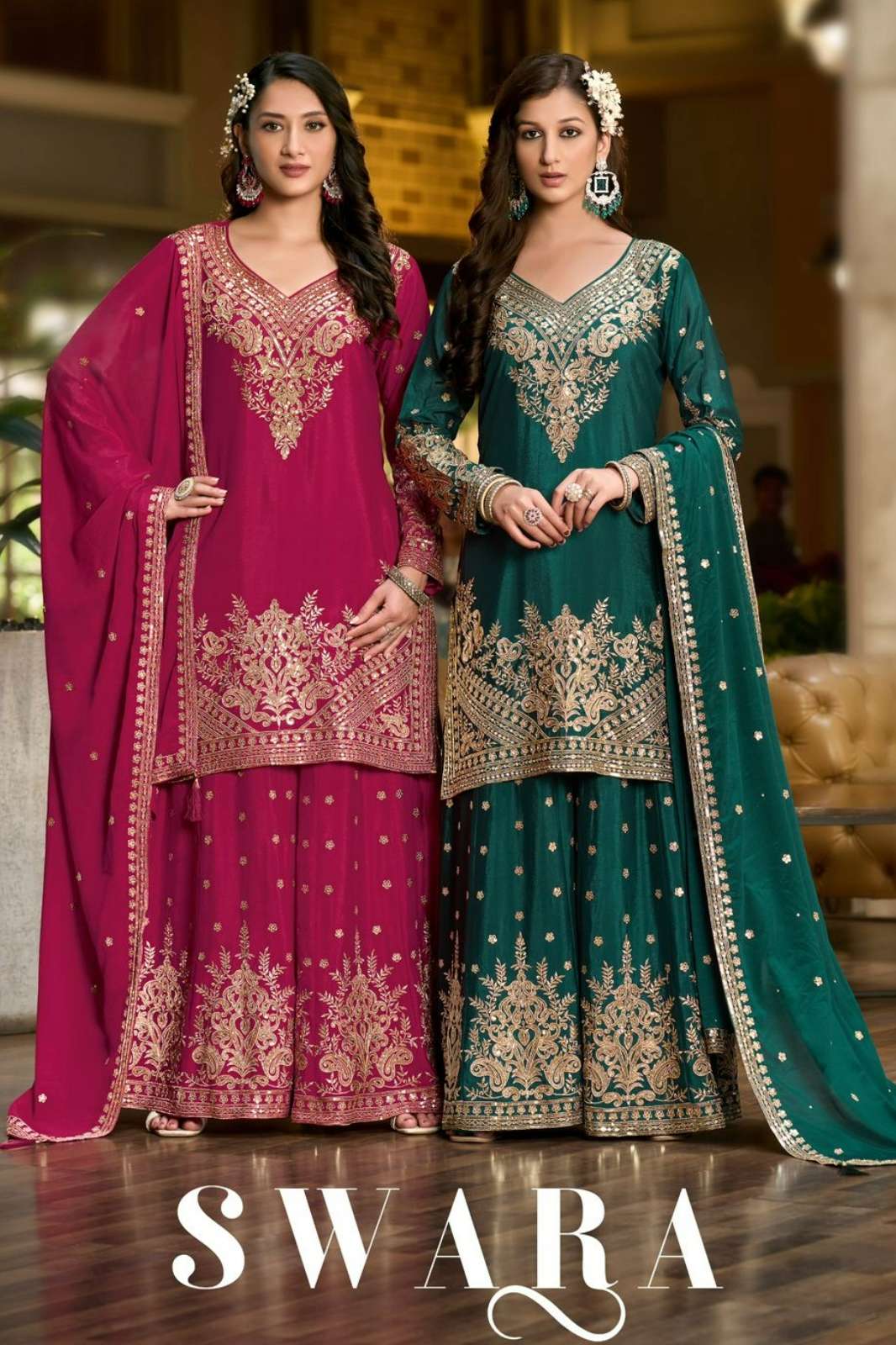 SHRI BALAJI EMPORIUM SWARA PREMIUM CHINON SILK SHARARA SUIT