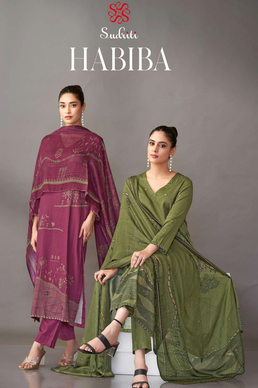 SUDRITI HABIBA ITALIAN SATIN DIGITAL PRINTED SUIT WITH HAND WORK