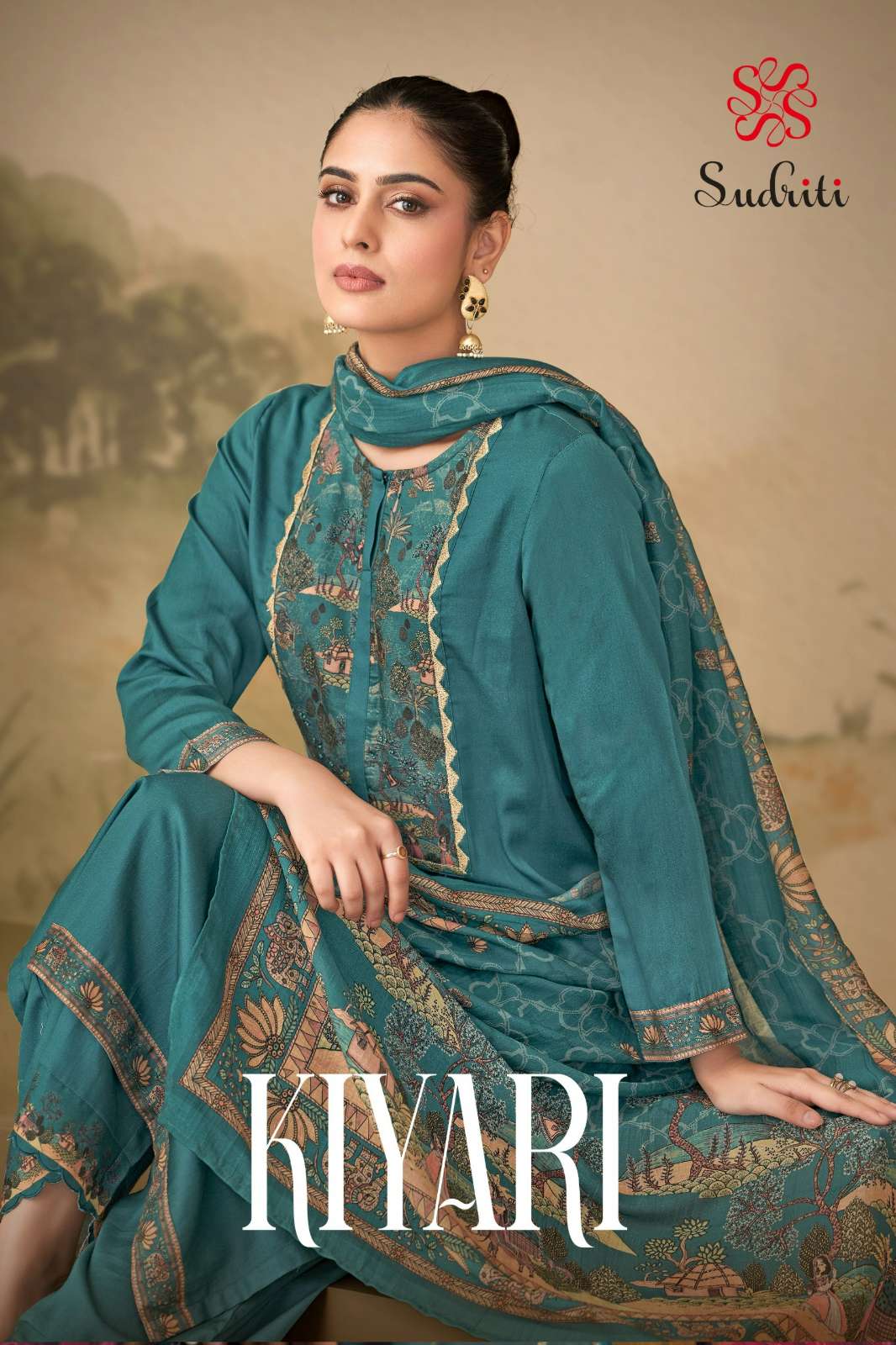 SUDRITI KIYARI COSMOS SATIN SOLID DYD SUIT WITH HANDWORK & EMBRODERY